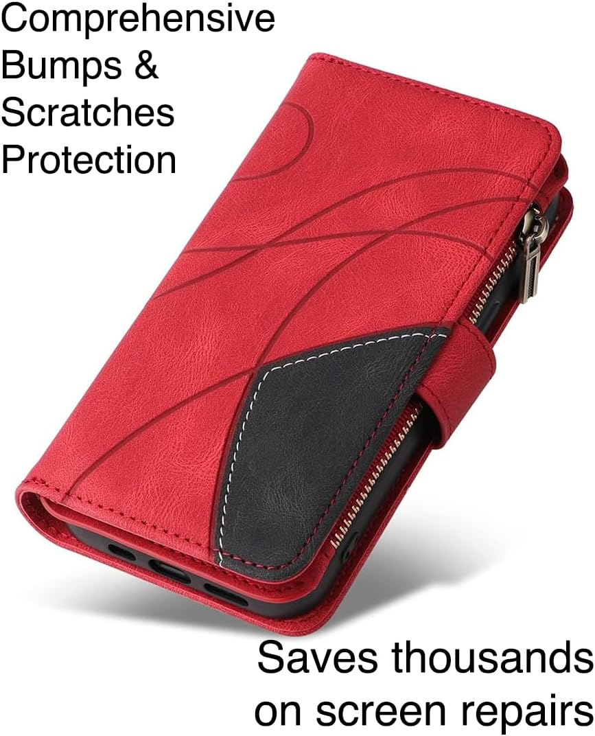 Design Piece of Leather-Like Wallet Phone Case for Samsung S24 Ultra with 5 Card Slots, Zipper Pocket, Kickstand and Magnetic Lock