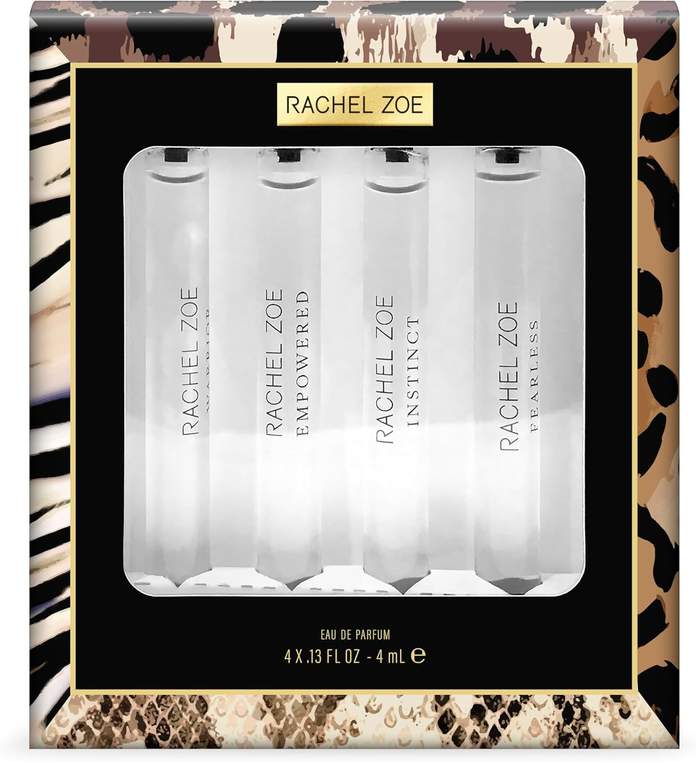 Rachel Zoe Discovery Set - Set of 4 Eau De Parfum Sprays, 0.13 Oz - Empowered, Fearless, Instinct, and Warrior - Perfectly Balanced Feminine Perfume for Women - Lasting Signature Designer Scent