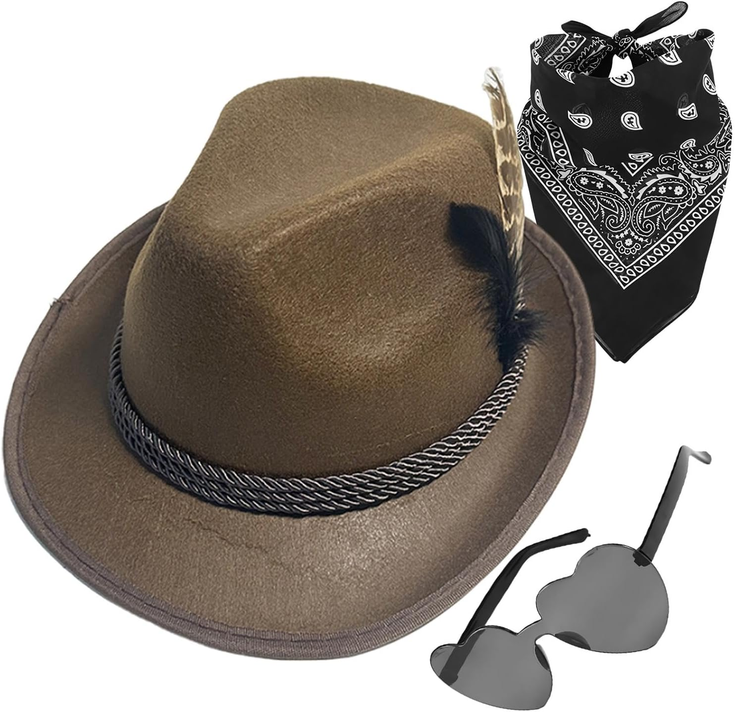 Alpine Hat - 1Set Fedora Oktoberfest Hat with Headscarf, Eyeglasses,Non-Woven German Hunter Hat, Adult German Alpine Bavarian Hat for Adults Cosplay