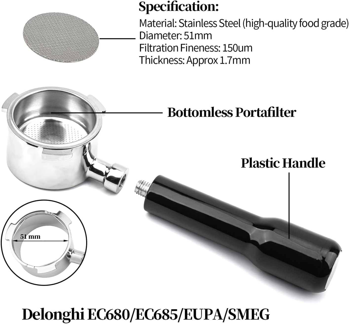 51Mm Bottomless Portafilter with 3 Ears Fit for Delonghis EC680, EC685 & EC885 Espresso Machine,Stainless Steel, with Dosing Funnel,Screen, & IMS Precision Basket (Black ABS Handle) image number 6