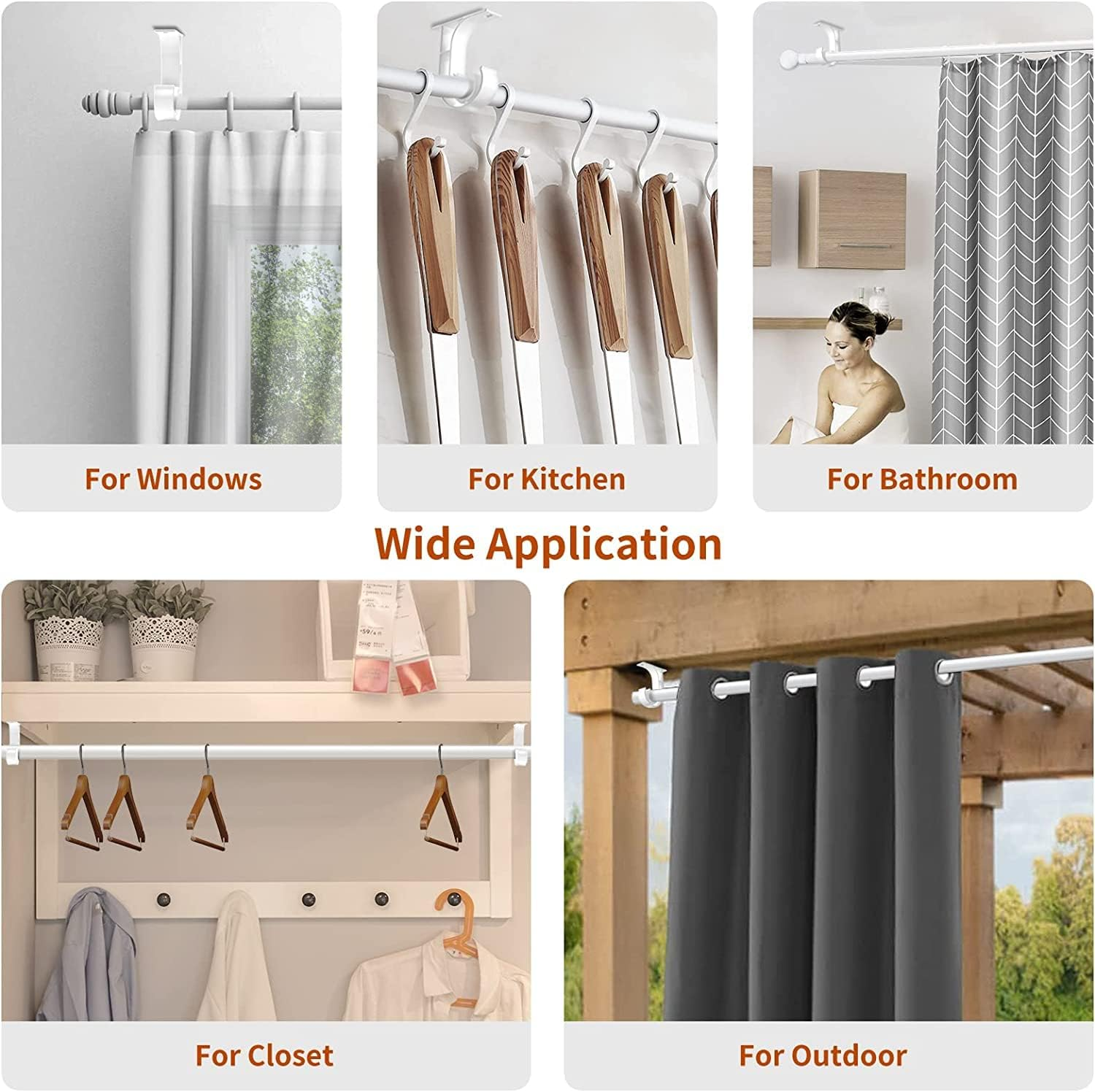 Curtain Rod Brackets Holders,6 Pack Ceiling Curtain Rod Brackets, White Curtain Rod Holder Hooks for 1 Inch Rod, Aluminum Alloy, Heavy Duty Ceiling Hooks for Curtains Shower Curtain Rod Bracket Hanger image number 4