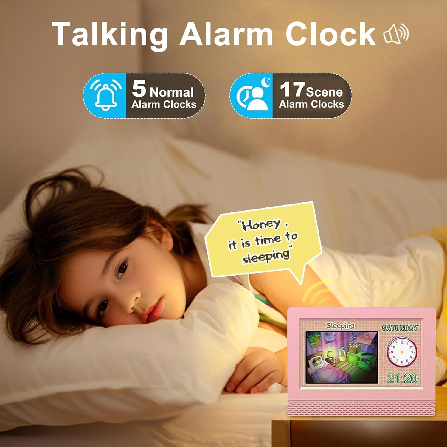 Kids Alarm Clock Colorful, 7 Inch LED Display Eye-Caring Digital Alarm Clock for Girls Boys Bedroom Decor, Children'S Sleep Trainer Bedside Clock, 17 Alarm Clock Setting Easy to Use Kids Birthday Gift image number 4