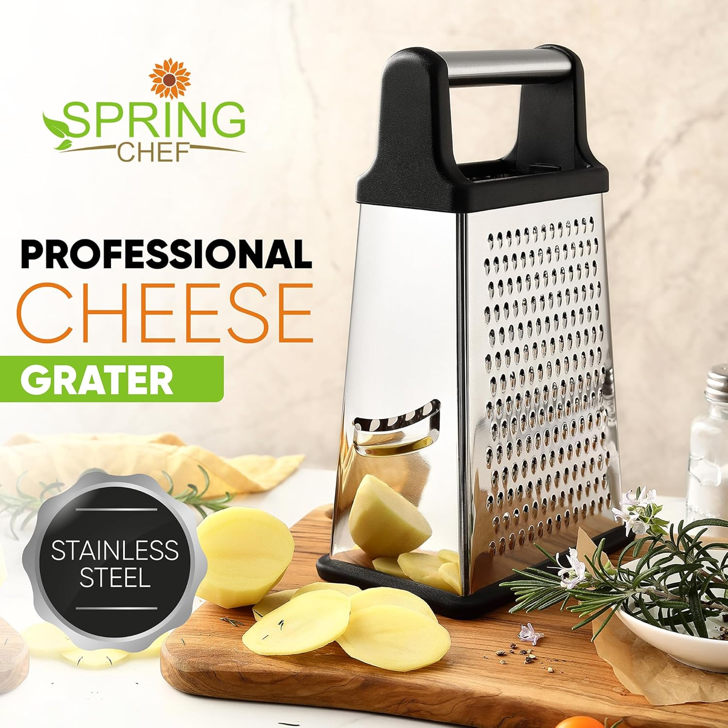 Professional Box Grater, Stainless Steel with 4 Sides, Best for Parmesan Cheese, Vegetables, Ginger, XL Size, Black