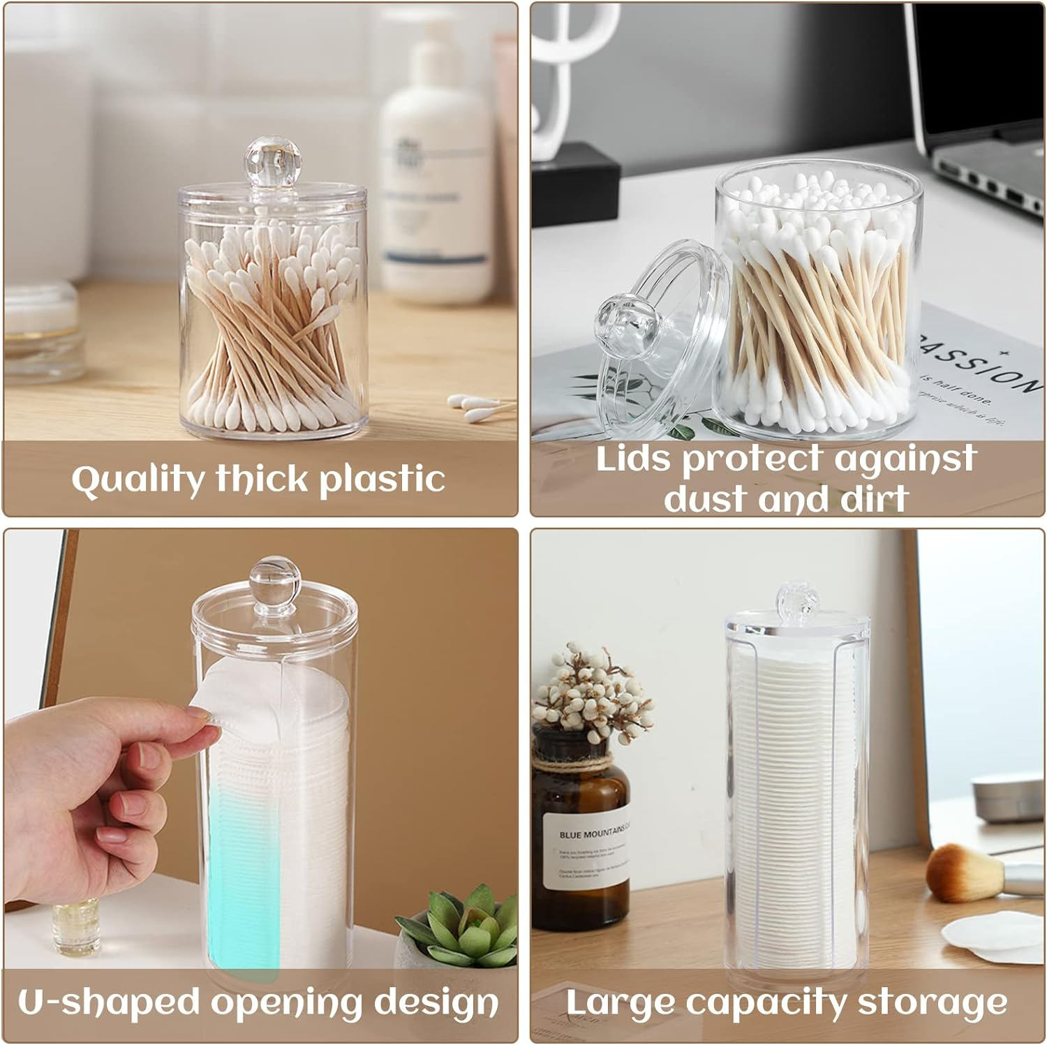 5Pcs Qtip Holder Dispenser, FHDUSRYO Cotton Pad Storage Organizer with Lid for Cotton Swab Floss, Clear Plastic Apothecary Jar Set for Bathroom Canister Storage Organization, Vanity Makeup Organizer image number 5