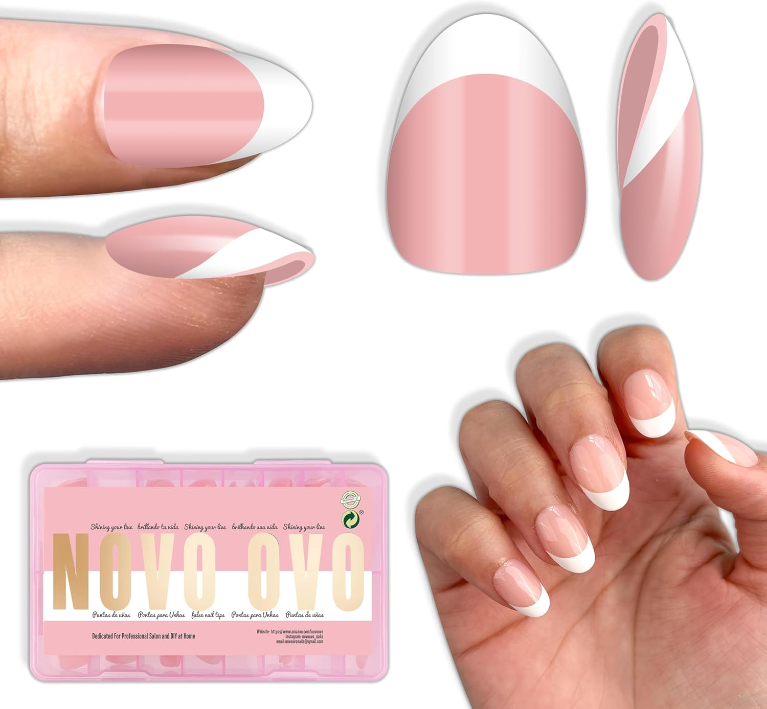 NOVO OVO Extra Short White French Tip Almond Nail Tips, Press on Baby Pink, Thick Short Almond Nail Tips, Soft Gel Nails for Extension, Need Builder Gel for DIY X 16 Sizes, Pack of 224