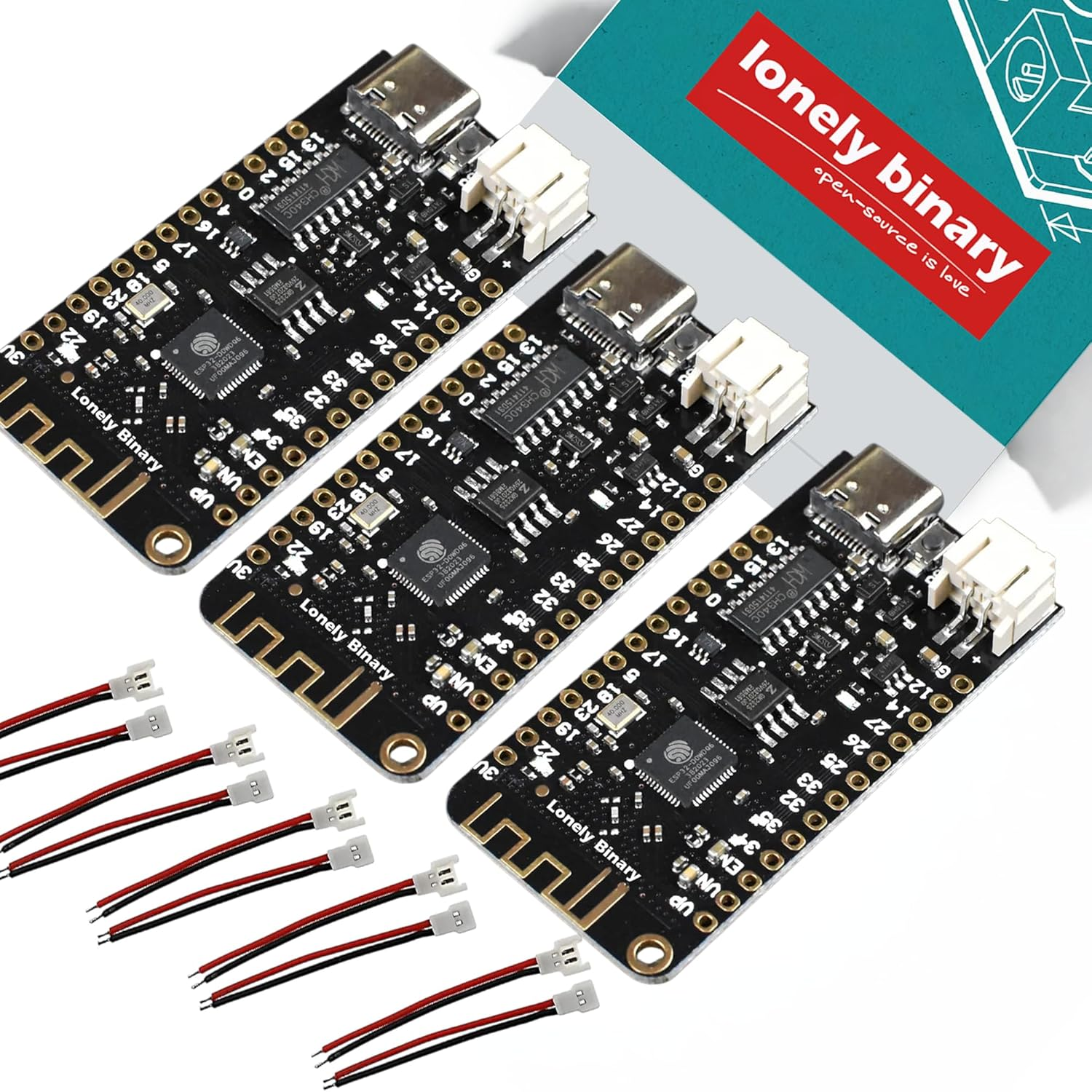 Lonely Binary 3-Pack ESP32 Lipo Development Boards with 18650 Battery Charging Support &ndash; Built-In Wifi & Bluetooth, Compatible with Arduino IDE & Micropython for Iot & DIY Electronics Projects image number 1