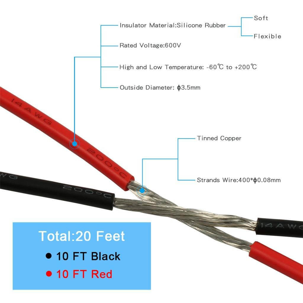 BNTECHGO 14 Gauge Silicone Wire Ultra Flexible 20 Feet High Temp 200 Deg C 600V 14 AWG Silicone Wire 400 Strands of Tinned Copper Wire Stranded Wire Model Battery Cable Black and Red Each Color 10 Ft image number 5