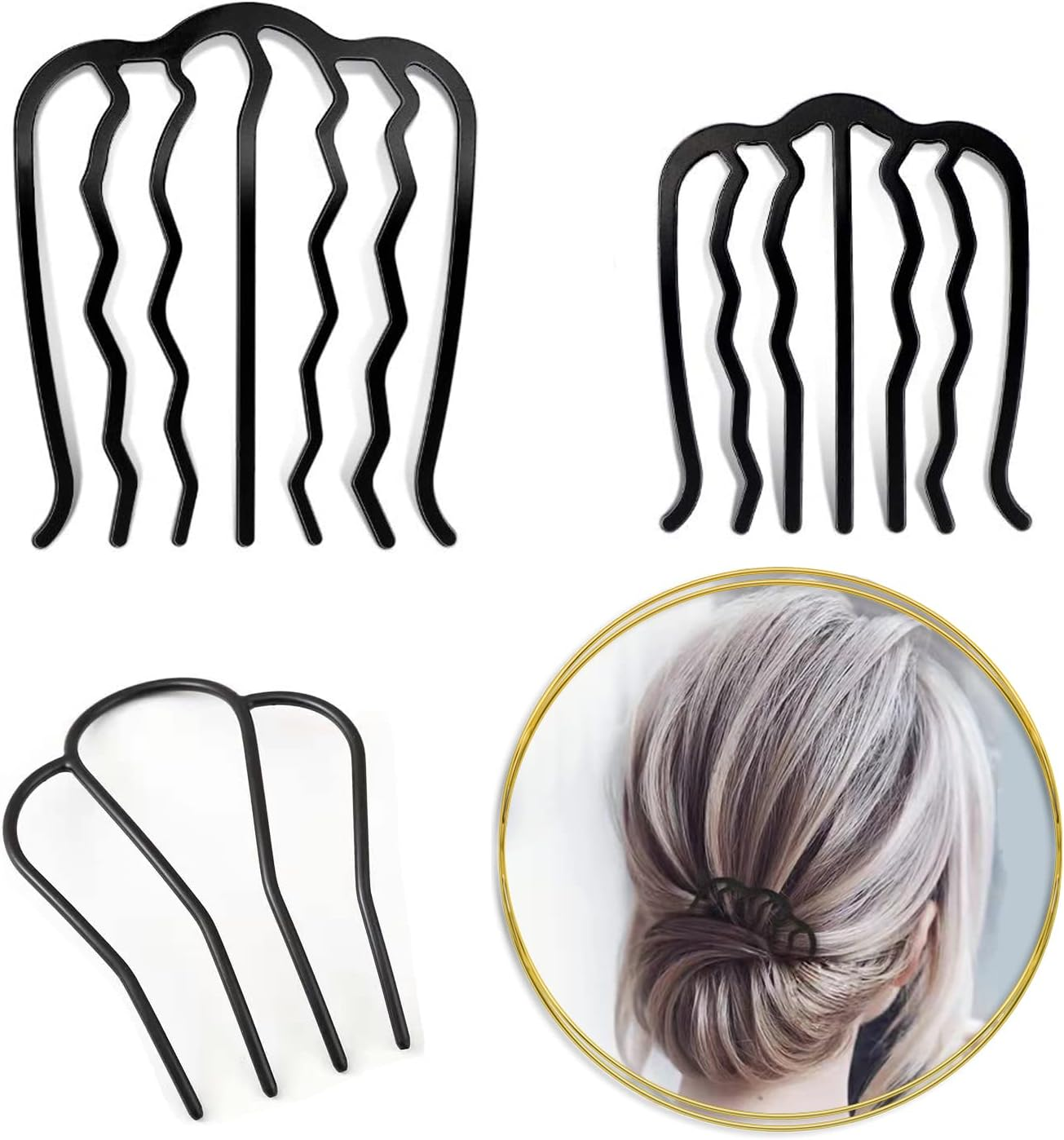 3 Piece Hair Fork Clip Vintage Hair Side Combs U Shape Teeth Alloy Paint Hair Pin Hair Clip Stick Women Hair Styling Tool Accessories, Black image number 5