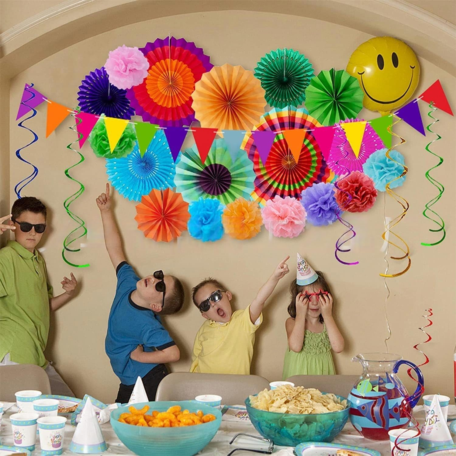 Party Decoration Set-33 Pcs! Colorful Mexican Inspired Hanging Paper Fans,Garlands String Polka Dot，Triangle Bunting Flags & Tissue Streamers - Ideal for Birthdays, Festivals & Parties image number 2