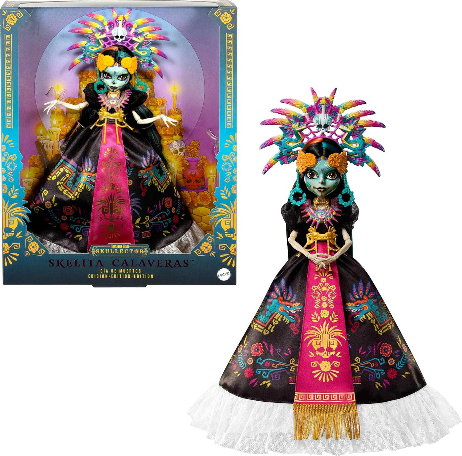 Monster High Doll, Skelita Calaveras D&iacute;a De Muertos 2025 Collectible, Aztec-Inspired Gown with Vibrant Accessories like Headdress and Necklace