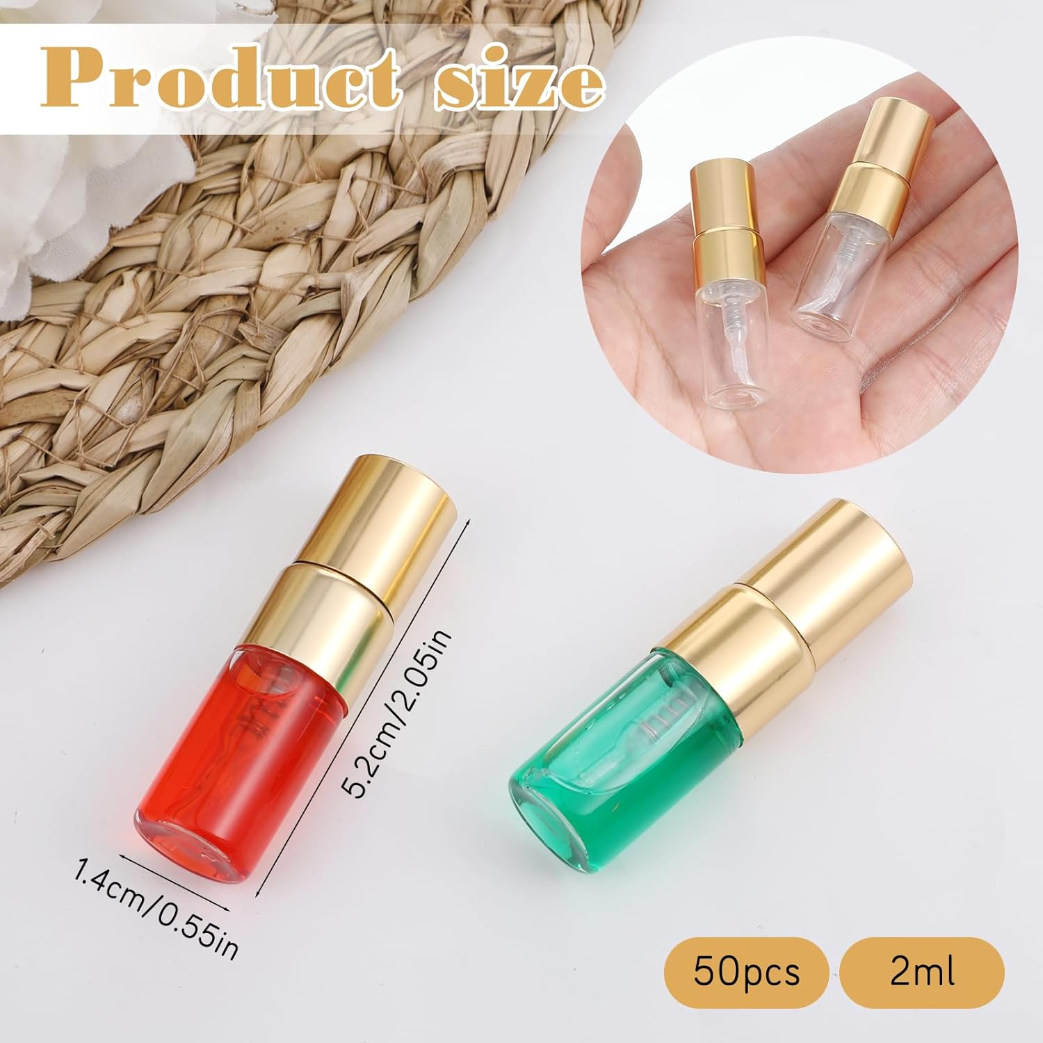 Alrhso 50Pcs 2Ml Glass Empty Tiny Spray Bottle Empty Perfume Bottles Atomizer Clear Atomizer Sprayer for Perfume Sample Bottles Refillable for Travel Fine Mist (Gold Cap) image number 3