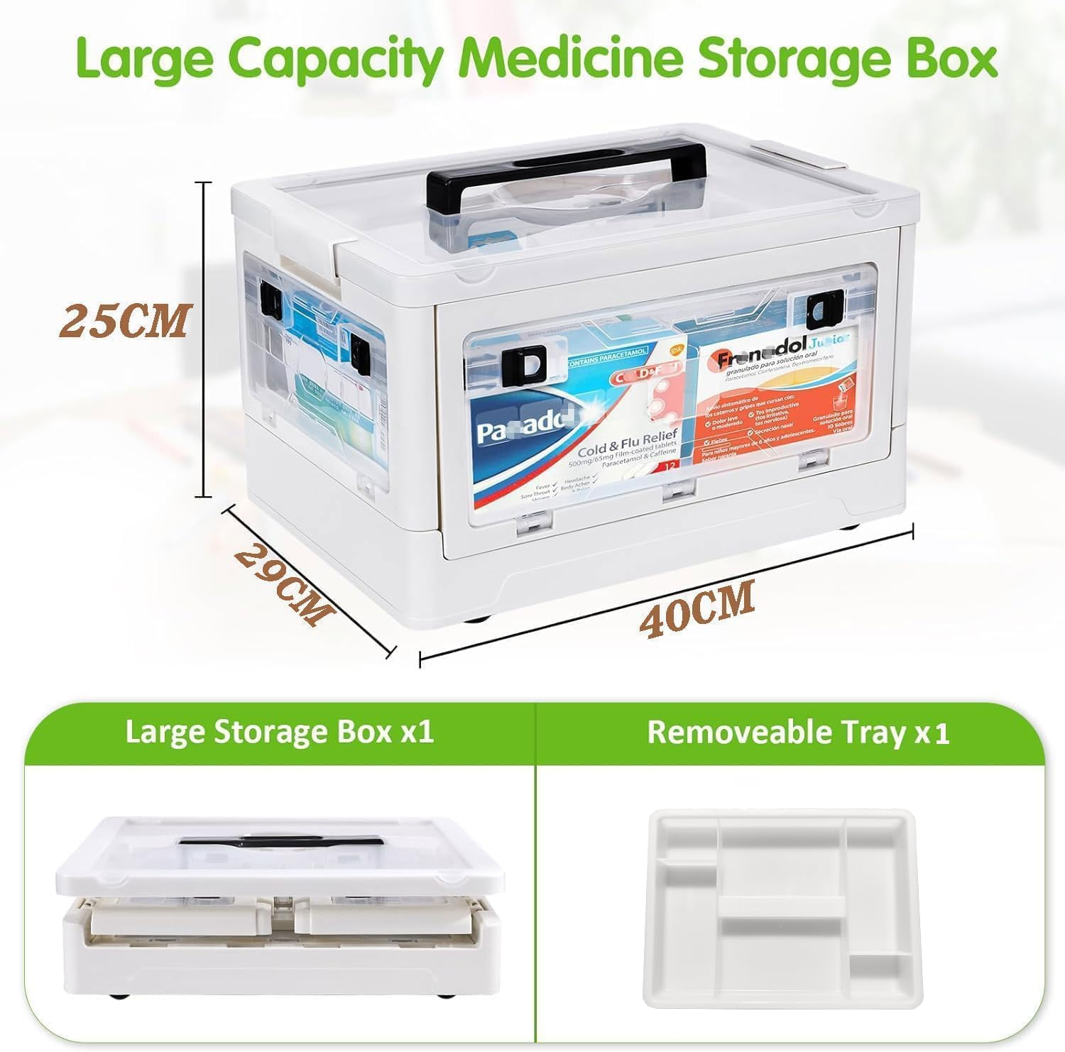 Extra Large Medicine Storage Box, Large Capacity First Aid Box, Clear Medical Supply Organizer with 1 Removable Tray, Multipurpose Plastic Medicine Chest with Wheels image number 5