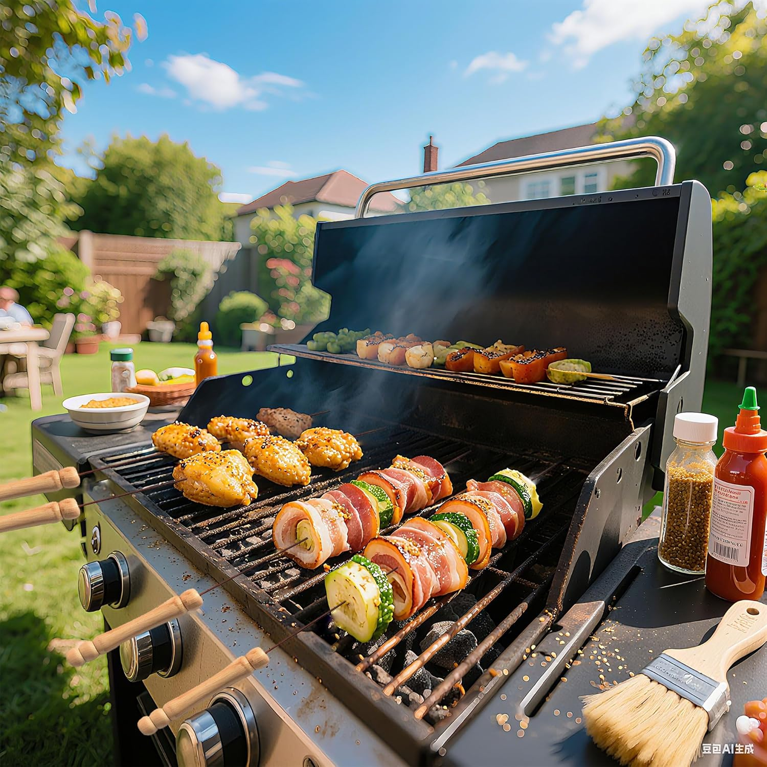 IMEEA 15Inch/38Cm Kebab Skewers 10 Pcs Kebab Sticks Stainless Steel Barbecue Skewers BBQ Sticks with Wooden Handle for Grilling Vegetables Marshmallows