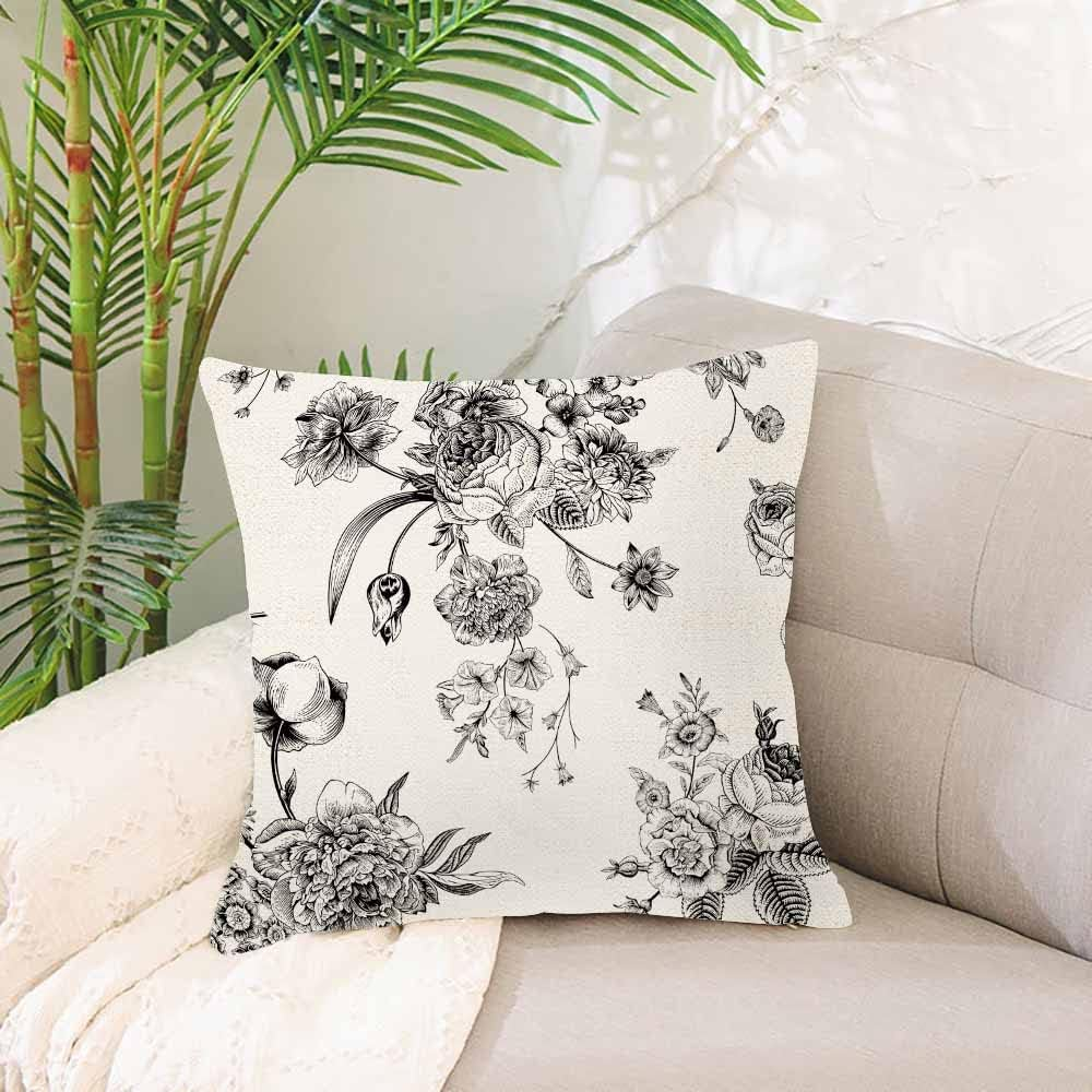IBILIU Throw Pillow Covers Vintage Floral with Victorian Bouquet of Black Flowers on Garden Roses Tulips Delphinium Petunia Cushion Pillow Case 18X18 Inches image number 2
