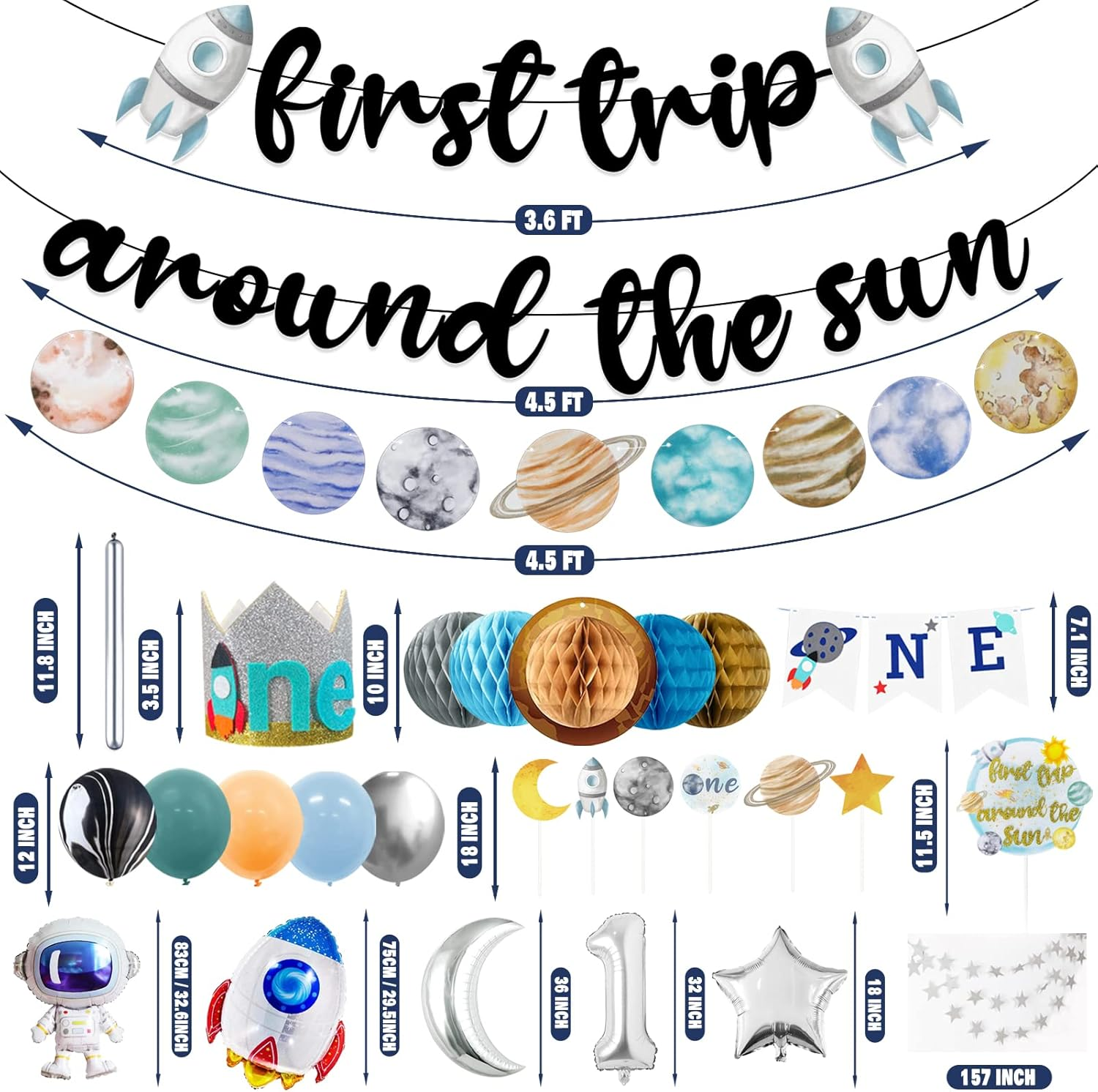 First Trip around the Sun Birthday Party Decoration Pack,1St Baby Shower Birthday Party Supplies(Including Banner, Star Garland, High Chair ONE Banner, Cake Toppers, Latex and Foil Balloons, Felt Hat) image number 6