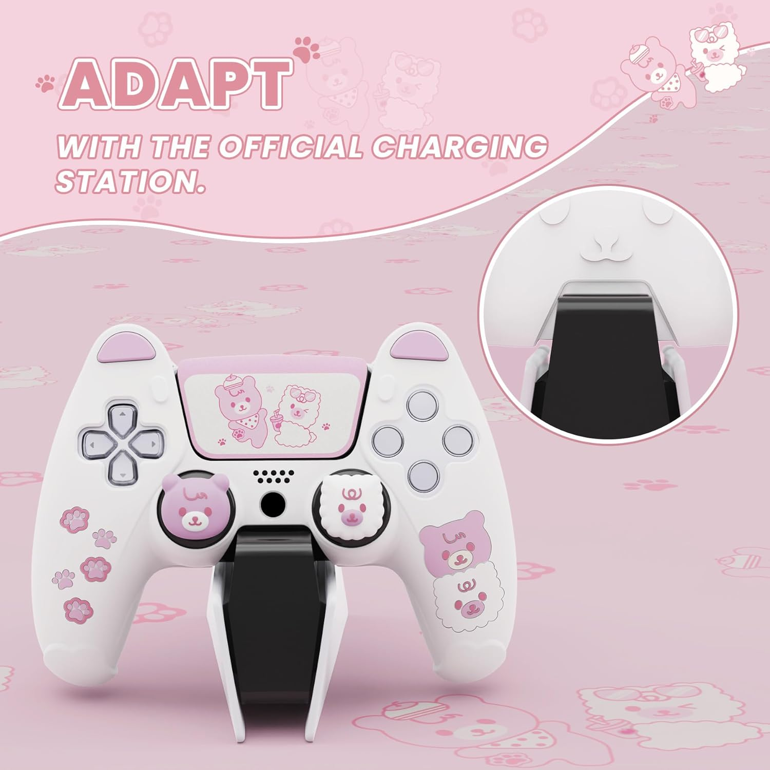 Playvital Cute Bear Controller Silicone Case for Ps5, Kawaii Controller Cover Compatible with Charging Station, Gamepad Skin Protector for Ps5 with Touch Pad Sticker & Thumb Grips - White & Pink - Pink  Yellow image number 2