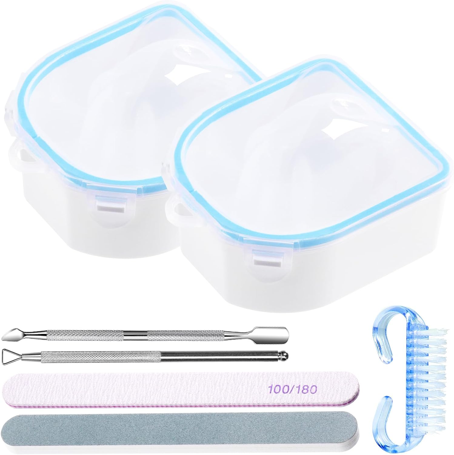 Rustark 7Pcs Gel Nail Remover Tools Kit Includes Pink Nail Soaking Bowl, Cuticle Pusher, Scraper, Nail Files, Buffer Block, Nail Dust Brush, Soak off Gel Nail Bowl Polish Dip Powder Remover Kit