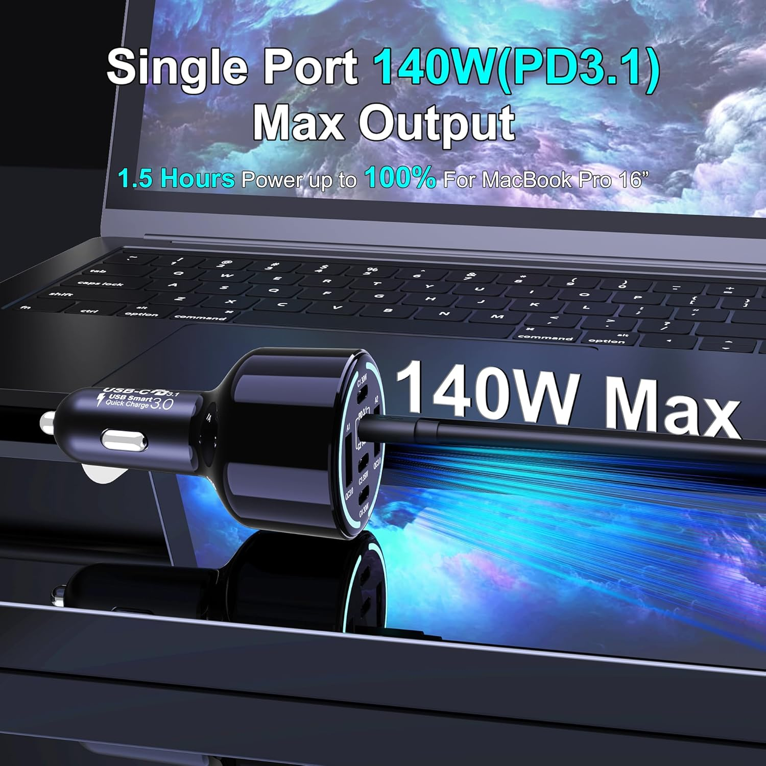 CHIPOFY 300W USB C Car Charger, 6 Ports (4 USB C + 2 USB A) - PD3.1 140W PPS 100W QC 60W Super Fast Charging for Macbook Laptop, Iphone 16 15 14 Pro Max, Ipad, Galaxy S24/S23 Ultra Etc image number 1