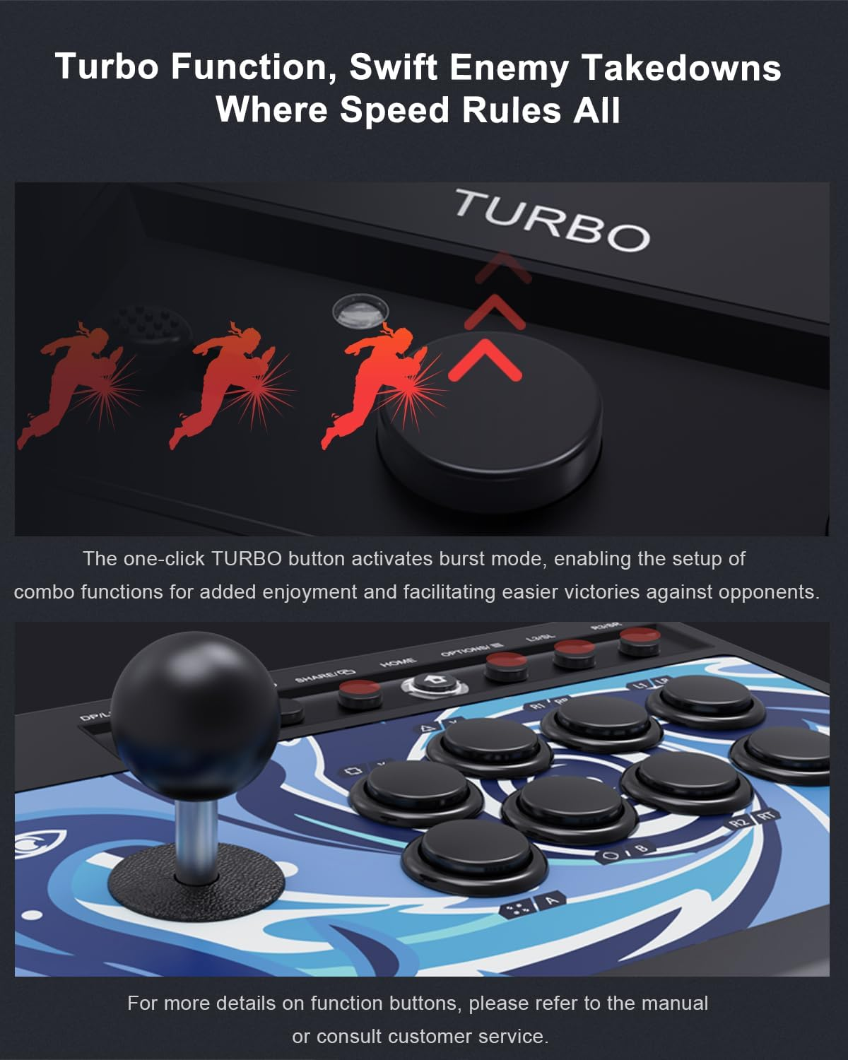 PXN 008 Arcade Fight Stick with 360 Degree Joystick Blue Switch Mechanical Buttons Turbo Function and Audio Connection for Fast Immersive Arcade Action Compatible with PC Playstation Xbox and Switch image number 5