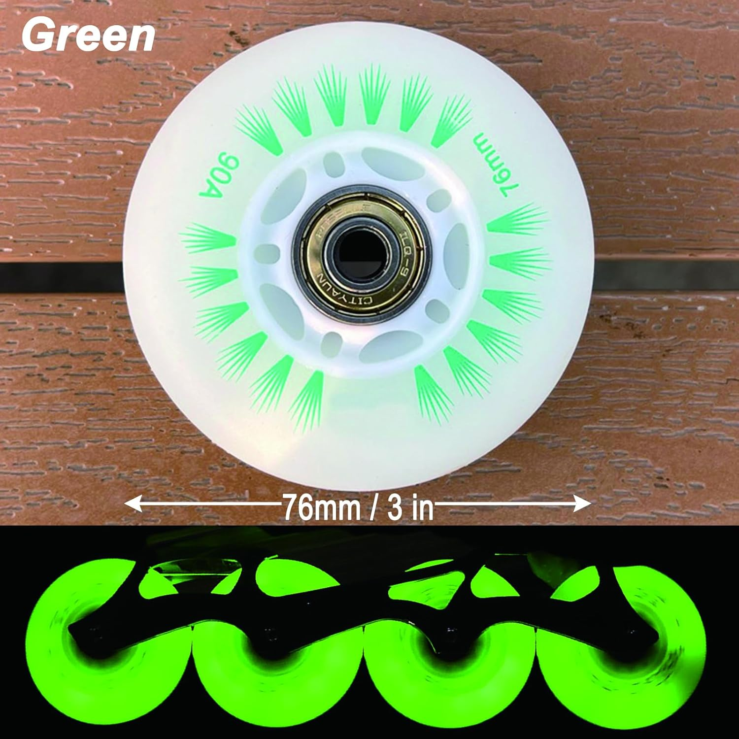 FYANER Light up Inline Skate Wheels 4 Pack - Luminous Flash Inline Skates Replacement Wheel (Green, 76Mm)