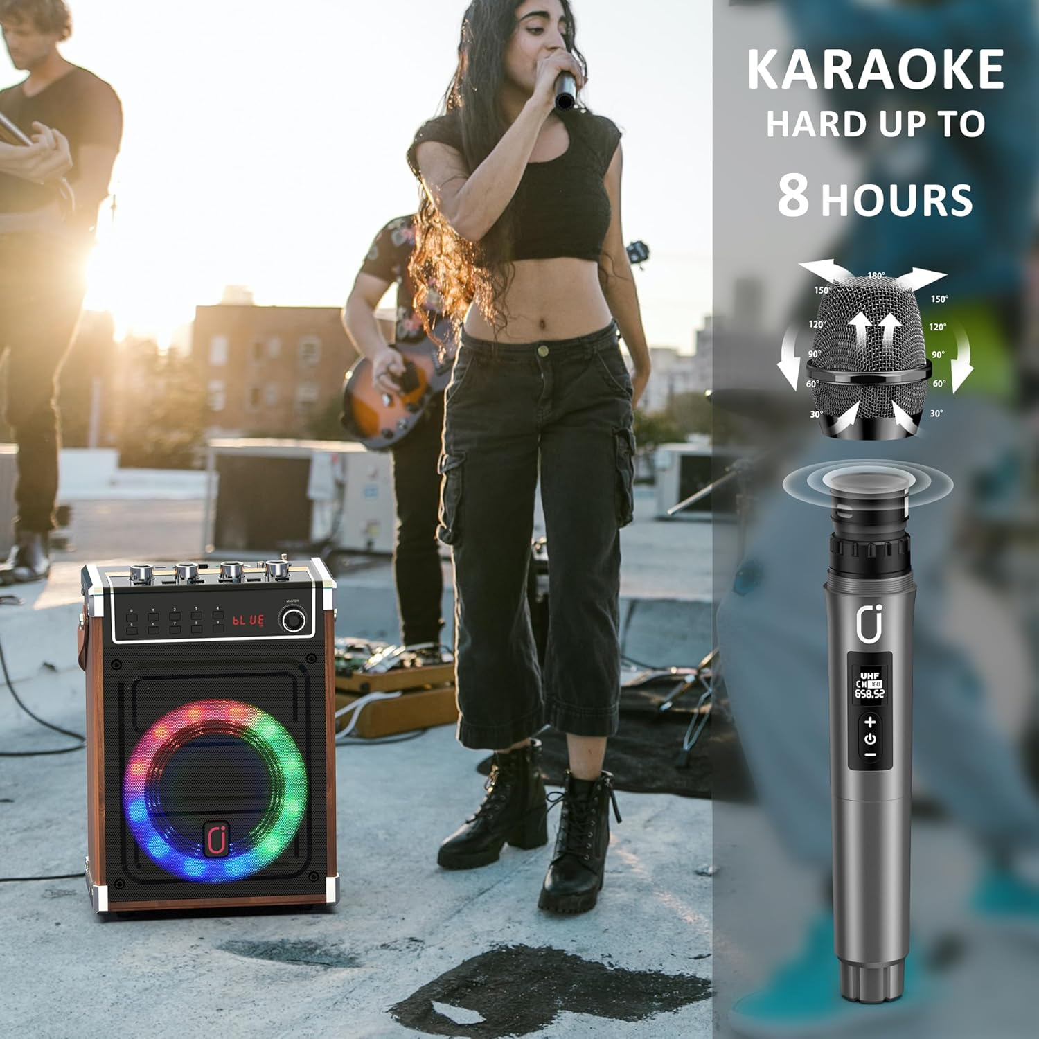 JYX Karaoke Machine with Two Wireless Microphones, Bass/Treble Adjustment and LED Light, Support TWS, AUX In, FM Radio, REC, Supply for Party/Meeting/Wedding - Wood Grain image number 3
