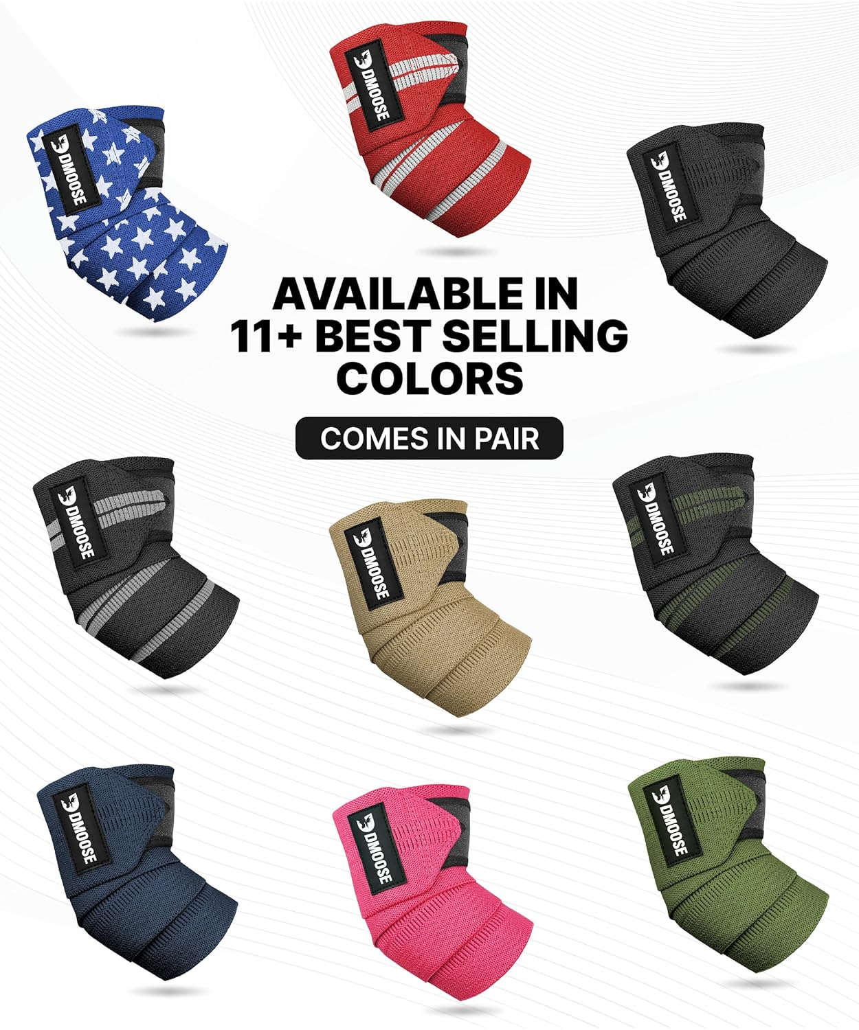 Dmoose Fitness Elbow Wraps for Weightlifting (Pair) 40" Adjustable Brace for Joint Support, Pain Relief & Tendonitis-Elbow Straps for Weight Lifting, Bench Press & Gym Workouts, Band for Men & Women image number 1