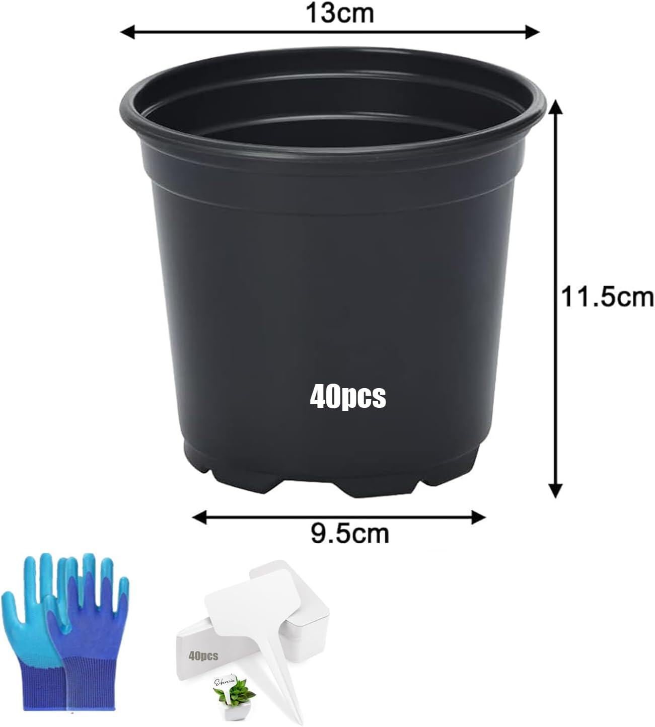 Plant Pots with Drainage Holes, Sturdy Plastic Large Nursery Pots, Succulents, Cuttings, Planting Pots with Plant Labels，And Gardening Gloves，13Cmx11.6Cm