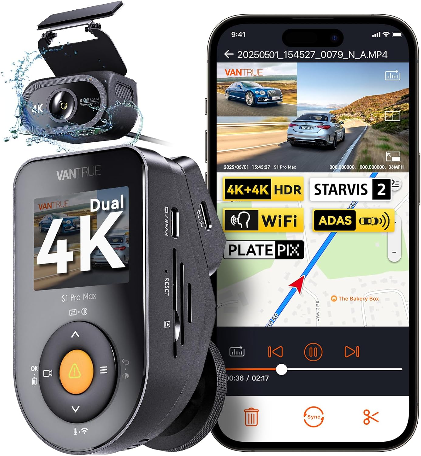 Vantrue S1 PRO MAX Dash Cam 4K Front and 4K Rear, ADAS, Dual STARVIS 2 IMX678, Platepix, 5G Wifi Car Camera W/Hdr Night Vision, GPS, Support LTE, Waterproof Rear Lens, 24/7 Parking, Support 1TB Max