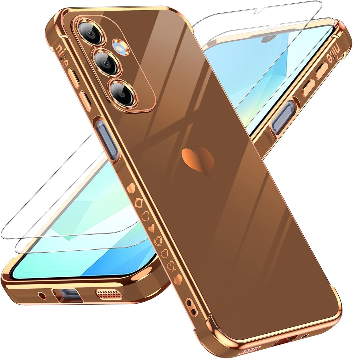 Leyi for Samsung Galaxy A17 5G Case: with Tempered Glass Screen Protector [2 Pcs]+ Full Camera Lens Protection,Love Heart Plating Girly Women Luxury Soft TPU Shockproof Case for a 17 5G,Pink