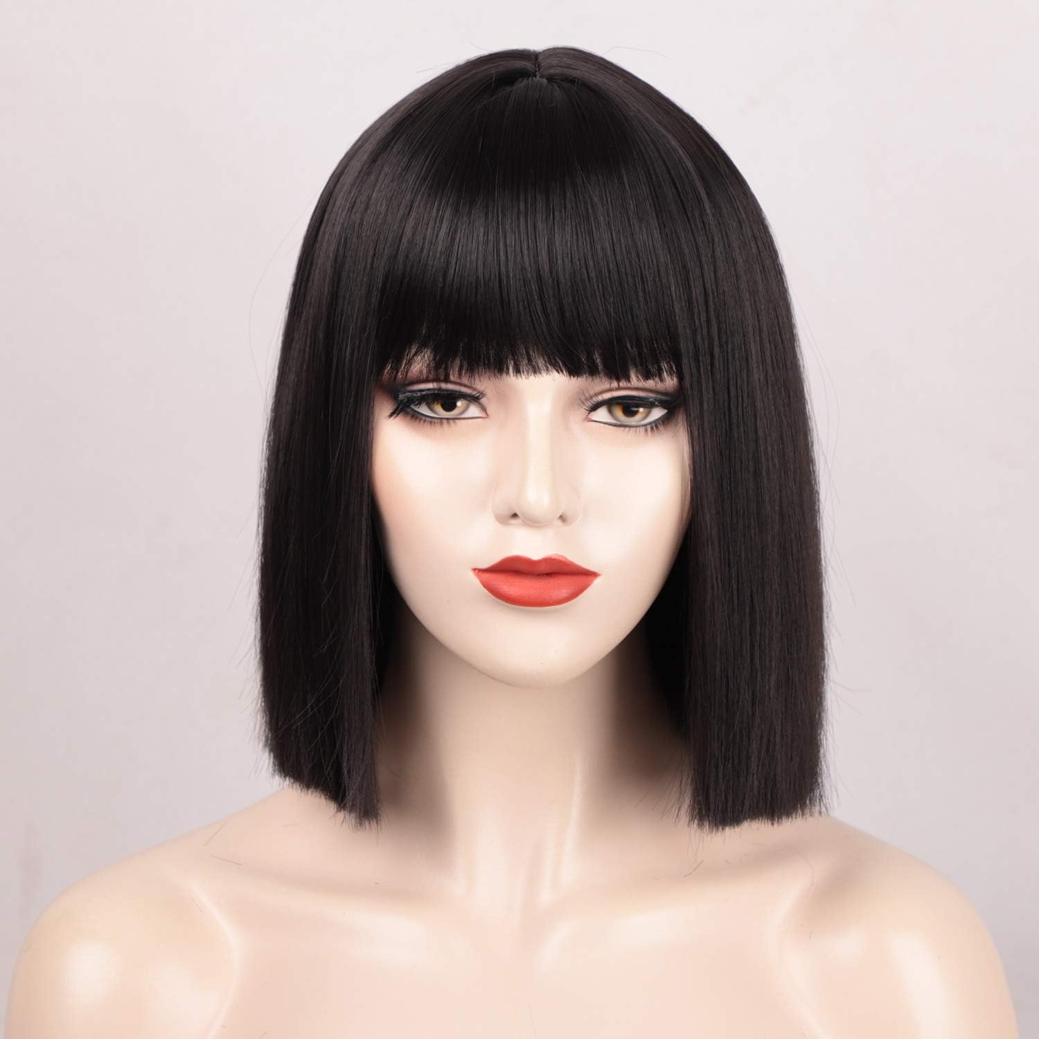 ENTRANCED STYLES (Black) - Black Bob Wig with Bangs, Short Black Wig for Women Straight Bob Wigs Heat Resistant Synthetic Wig Mia Wallace Cleopatra Cospaly Daily Party Cosplay Use 12" image number 4