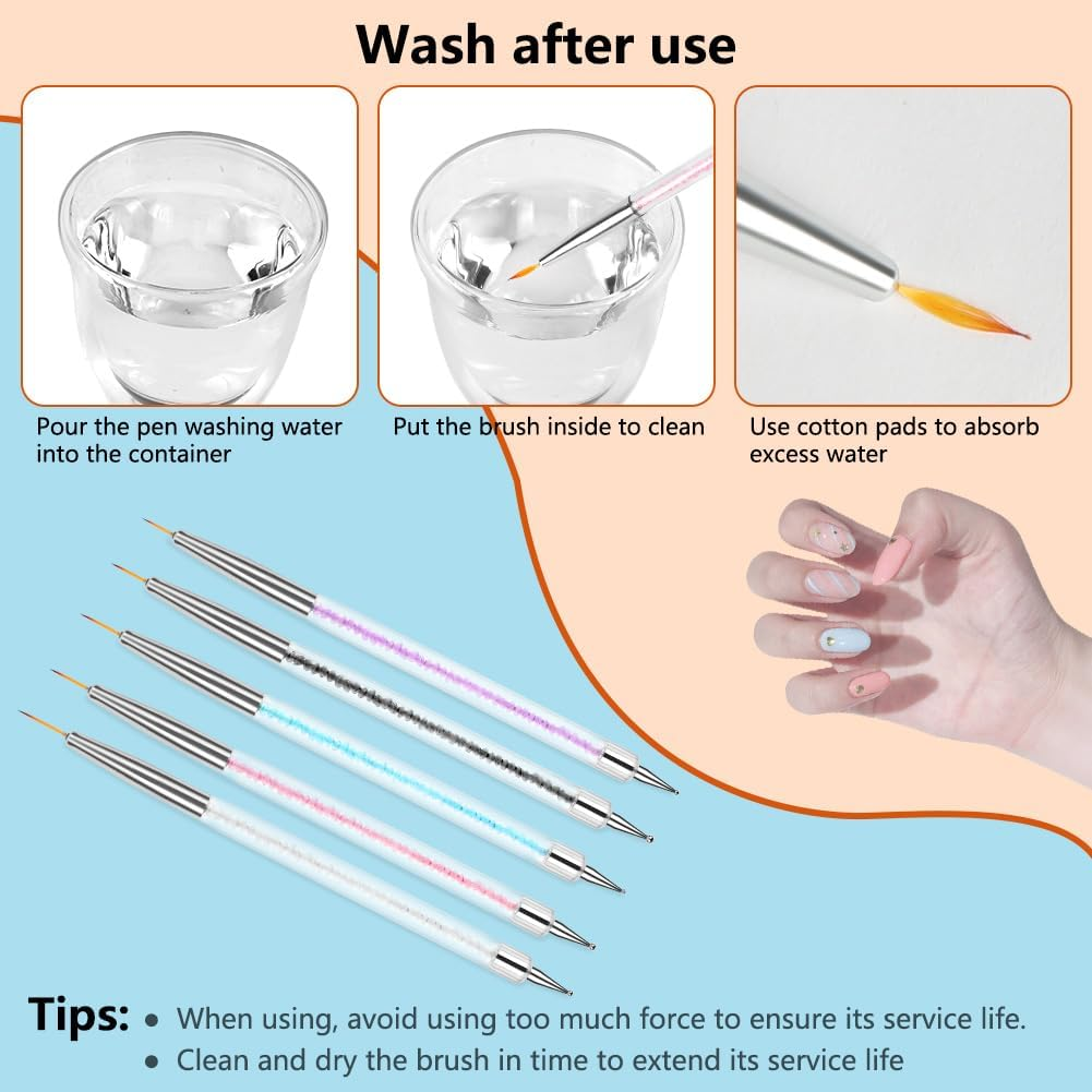 BUTBU Pack of 5 Nail Art Brushes, Double End Nail Art Liner Brush, Nail Design Brush, Painting Art Design Brush Set, Nail Dotting Drawing Tool for Long Lines, Thin Details (Colour Mix) image number 3