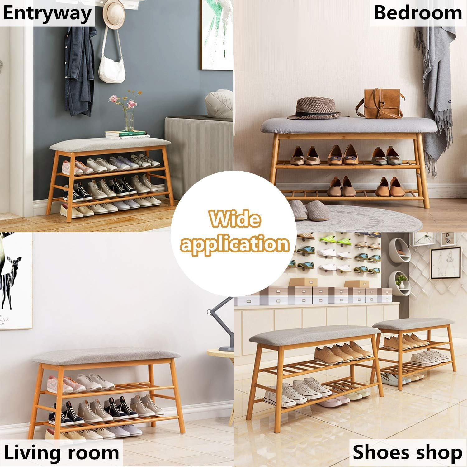 Bamboo Shoes Bench Seat Shoe Rack 2 Tier Storage Stool Rack with Hidden Storage Compartment for Entryway Hallway Bedroom Living Room Shoes Shop (70 * 27 * 44Cm) image number 6