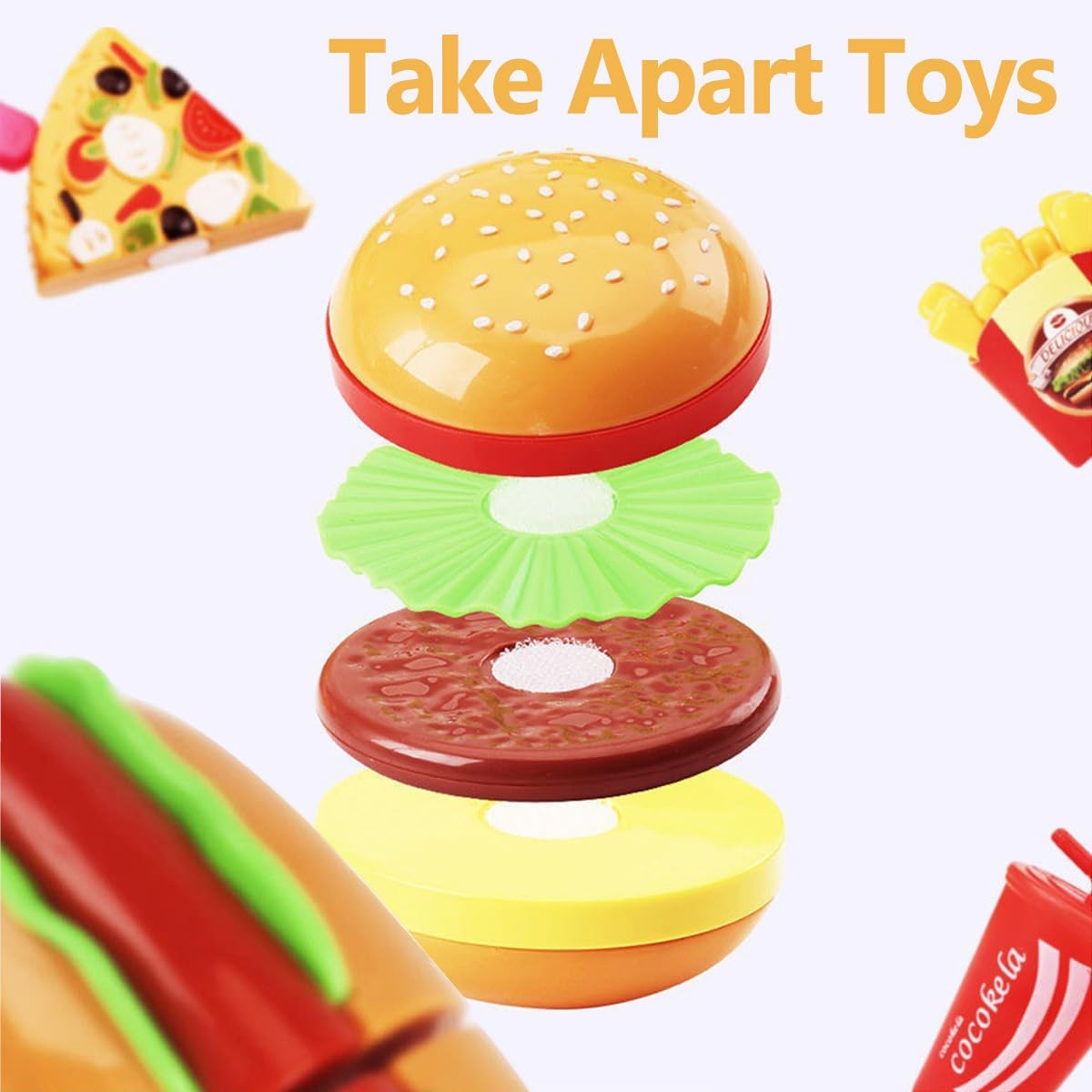 Play Food Toy Set for Kids Kitchen, Pretend Removable Fast Food Playset Cutting Toy with Hamburger ＆ French Fries Combo, Role Play Educational Kitchen Toy for Boys or Girls image number 1
