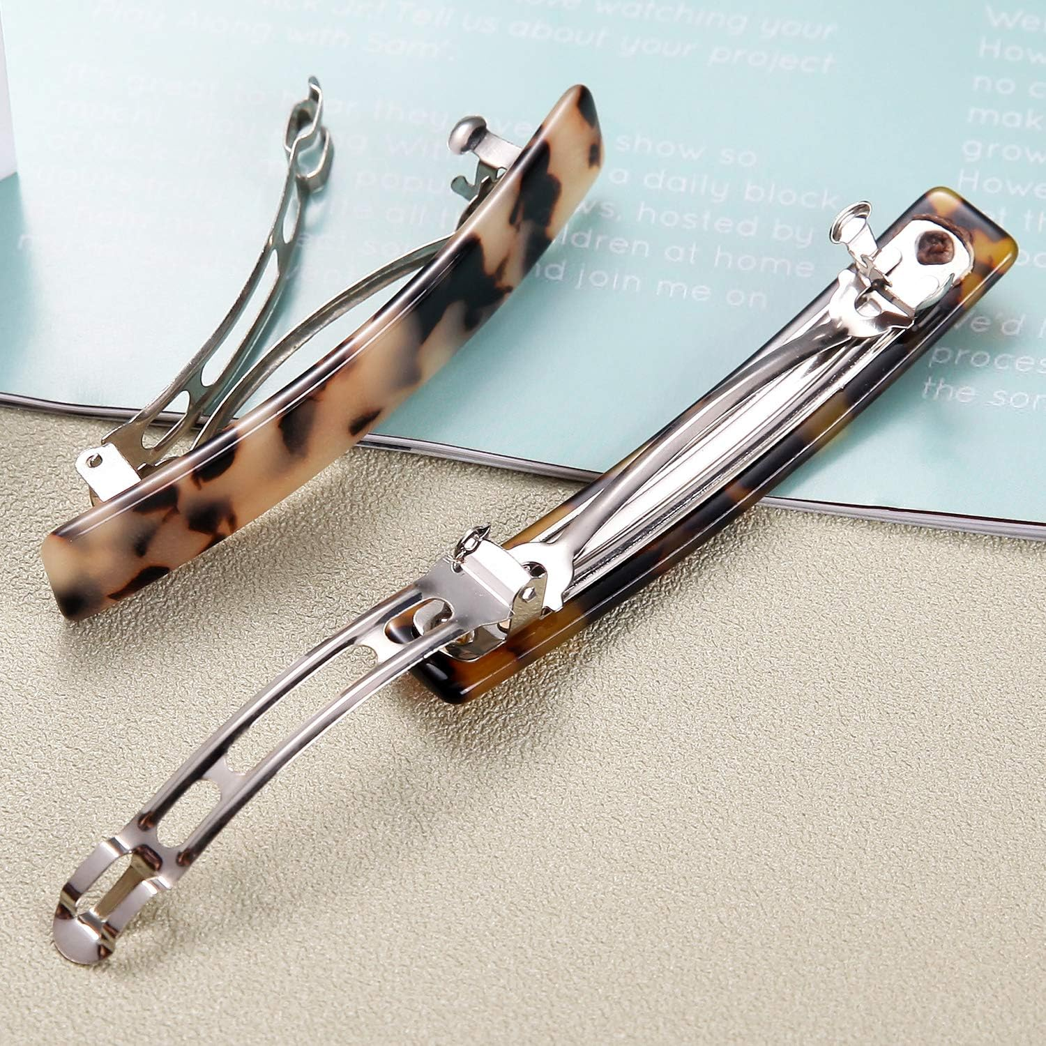 2PCS French Design Hair Barrette Tortoise Shell Celluloid Rectangle Hair Clips for Women - Blue,Onyx Green image number 5