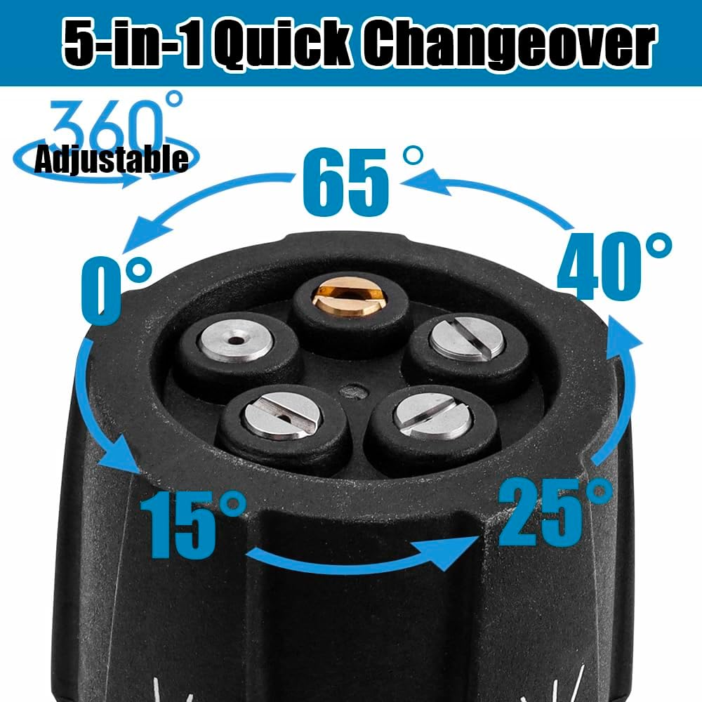 Yakamoz Pressure Washer Spray Nozzle 5-In-1, Quick Changeover Power Washer Nozzle for High Pressure Washer, 1/4 Inch Plug Connect Tips, 3000 PSI image number 2