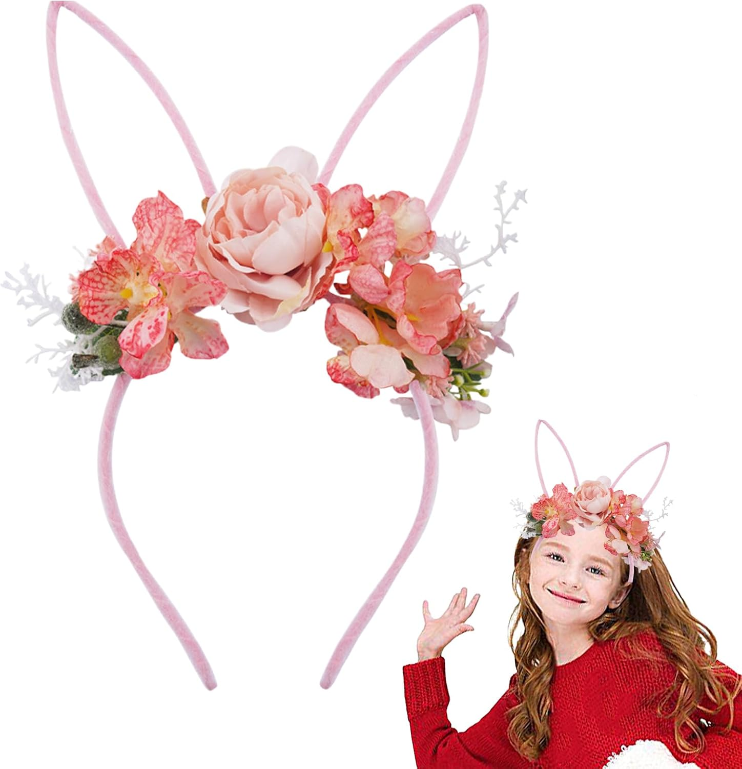 Bunny Ears Headbands - Costumes Hairband with Flowers,Easter Headbands for Girls - for Costume Kids Christmas Halloween Party Valentine'S Day Women