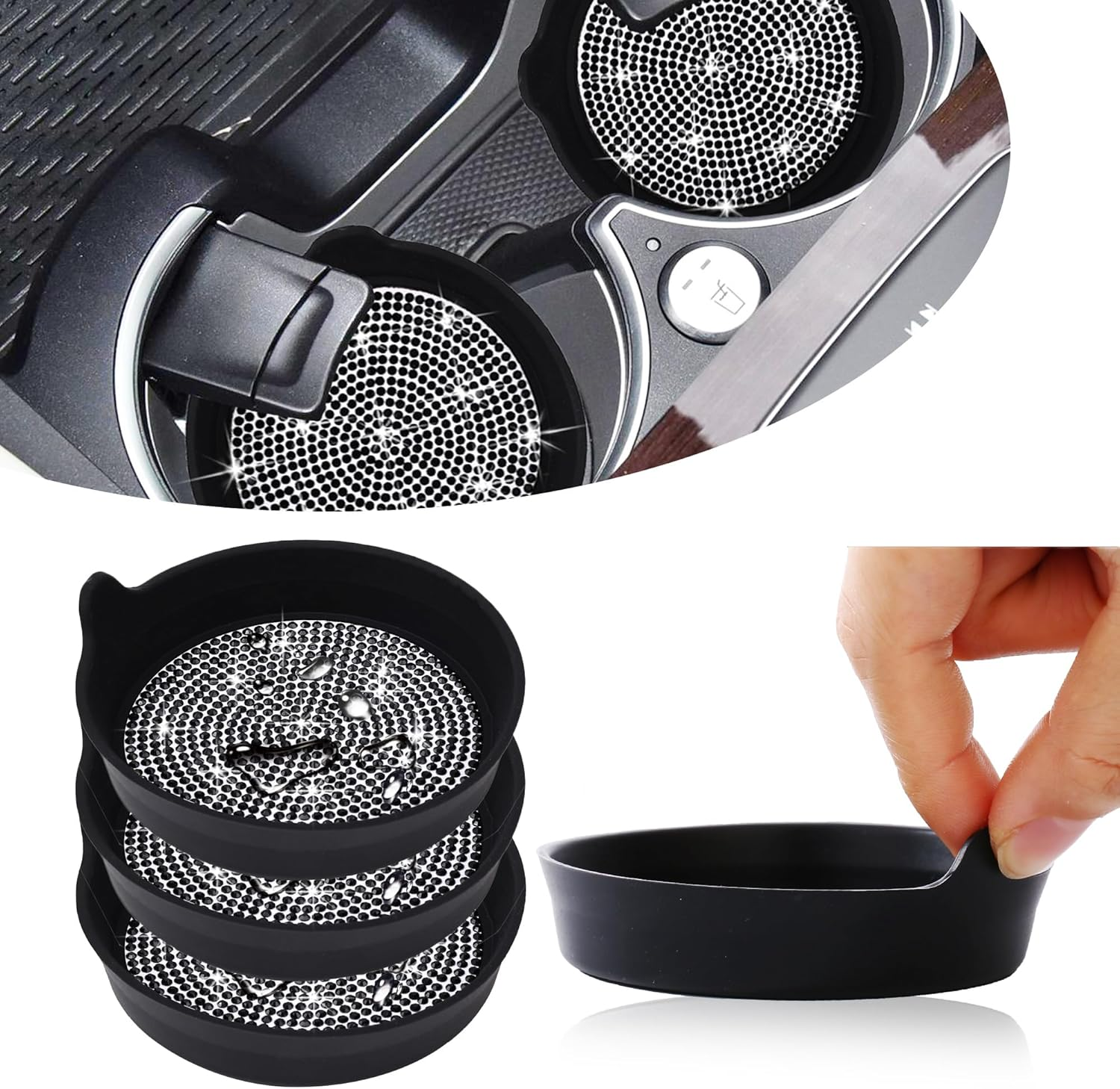 Toiyason Car Cup Coaster Universal Vehicle Spill Holder Automotive Interior Accessory with Bling Rhinestone Red 4 Pack