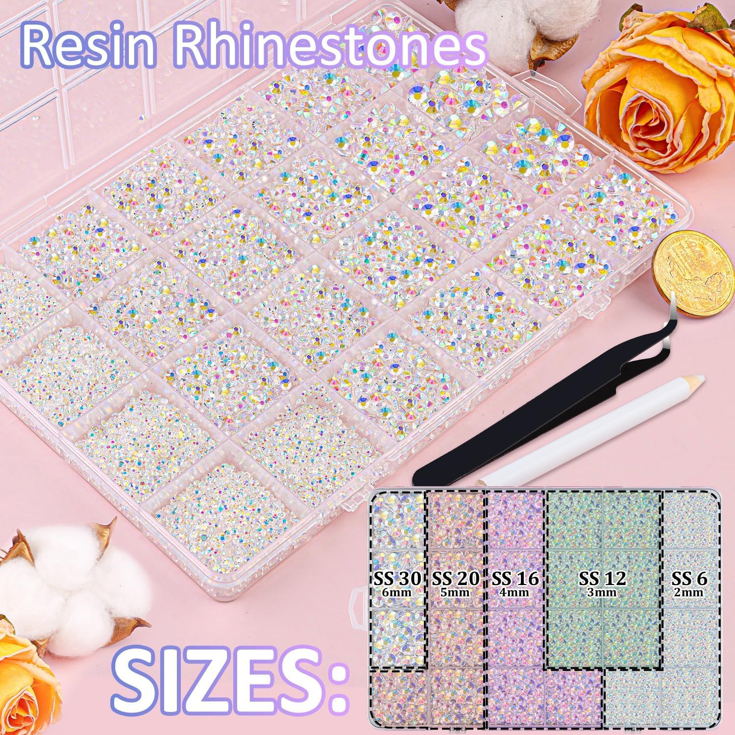 30000Pcs Resin Jelly Rhinestones with Tweezers for Bedazzling, Transparent AB Flatback Gems, Crystal with 3Pcs 10Ml B7000 Jewelry Glue for Crafting Clothing Tumblers Shoes Fabric Nail Art Makeup image number 6