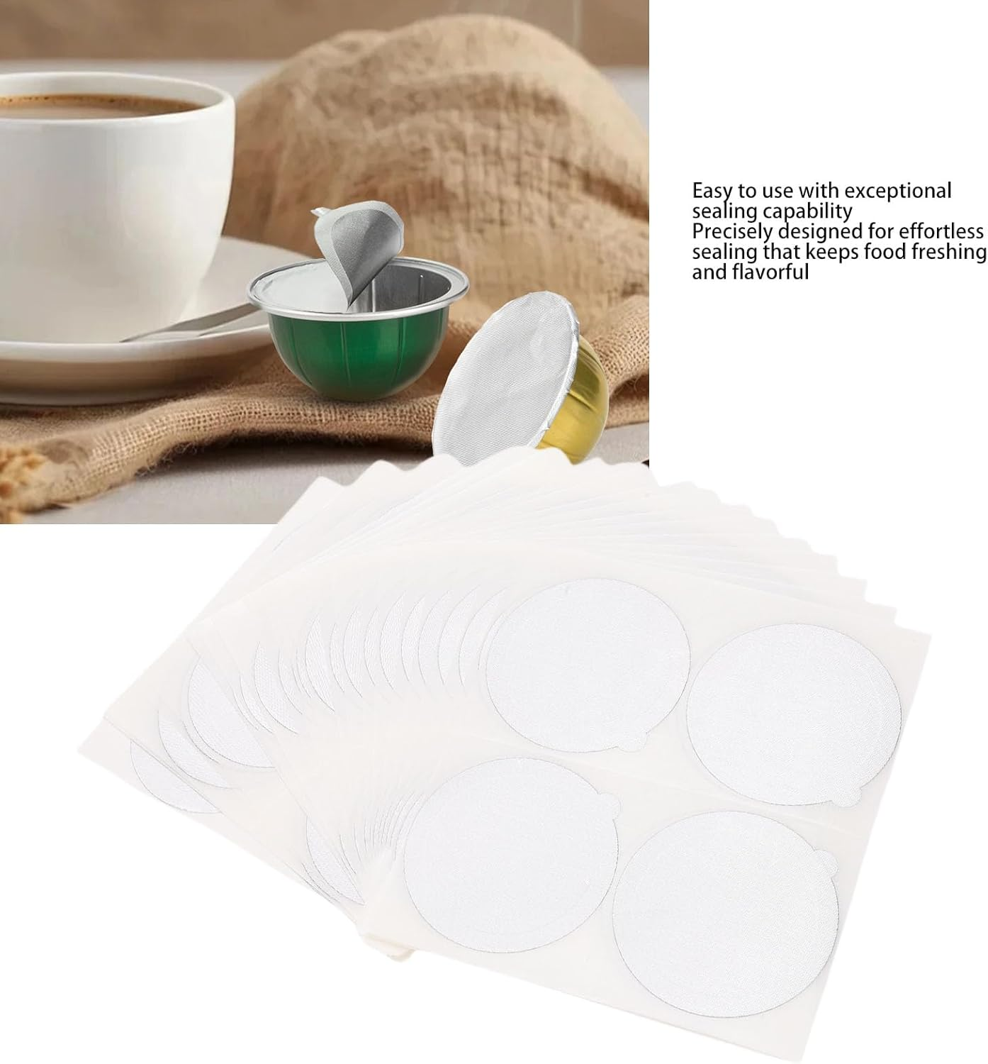 Generic 100Pcs Aluminum Foil Seals, Reusable Self Adhesive Coffee Pod Covers, Compatible with Nespre Original Line Machines for Reusable Refillable Espresso Capsules and Tea Cans (62MM) - 62Mm image number 6
