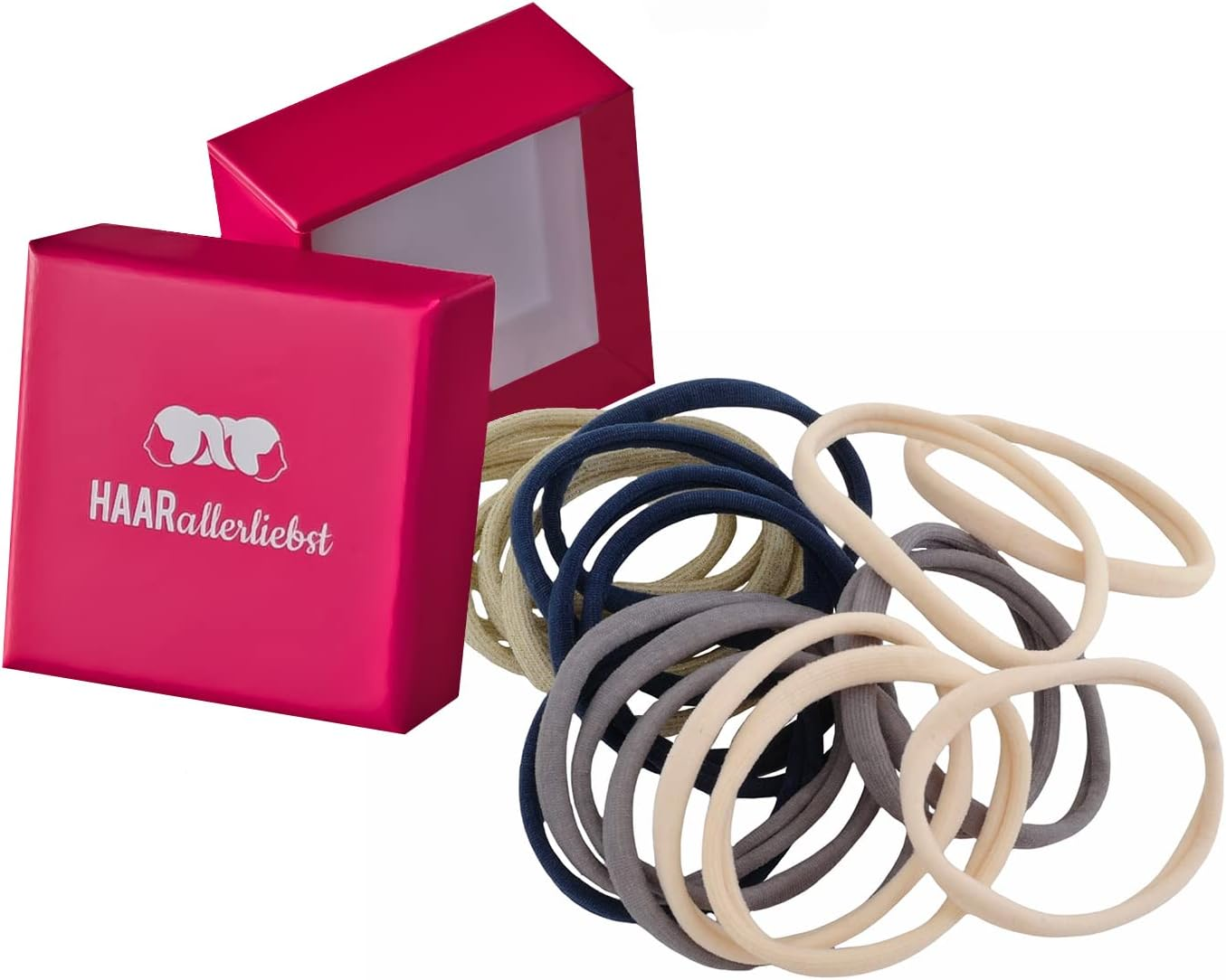 Haarallerliebst Hair Bobbles Extra Strong (Pack of 20 | Skin-Coloured, Grey, Blue, Gold | 5 Cm) with Box for Storage (Box Colour: White) (Box Colour: Pink)