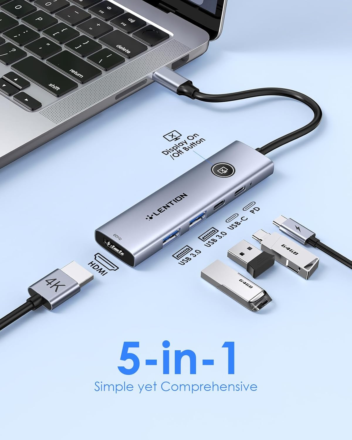 LENTION USB C Multiport Adapter, 5-In-1 USB C Hub with Type C 3.0, USB a 3.0, HDMI 4K@60Hz, 100W PD Charging, Multi-Port USB Adapter Dongle Compatible for Laptops and Other Type C Devices image number 4