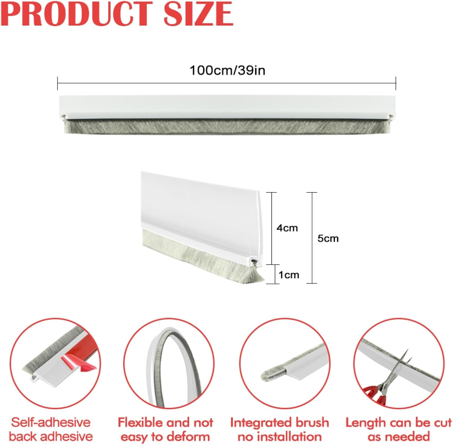 Door Sweep for Bottom of Door, 39.2" L Integrated Design with Brush, Self Adhesive under Door Draft Stopper for Bottom of Door, Door Seal Dust/Noise/Hot or Cold Air Insulation, White 2" W image number 1