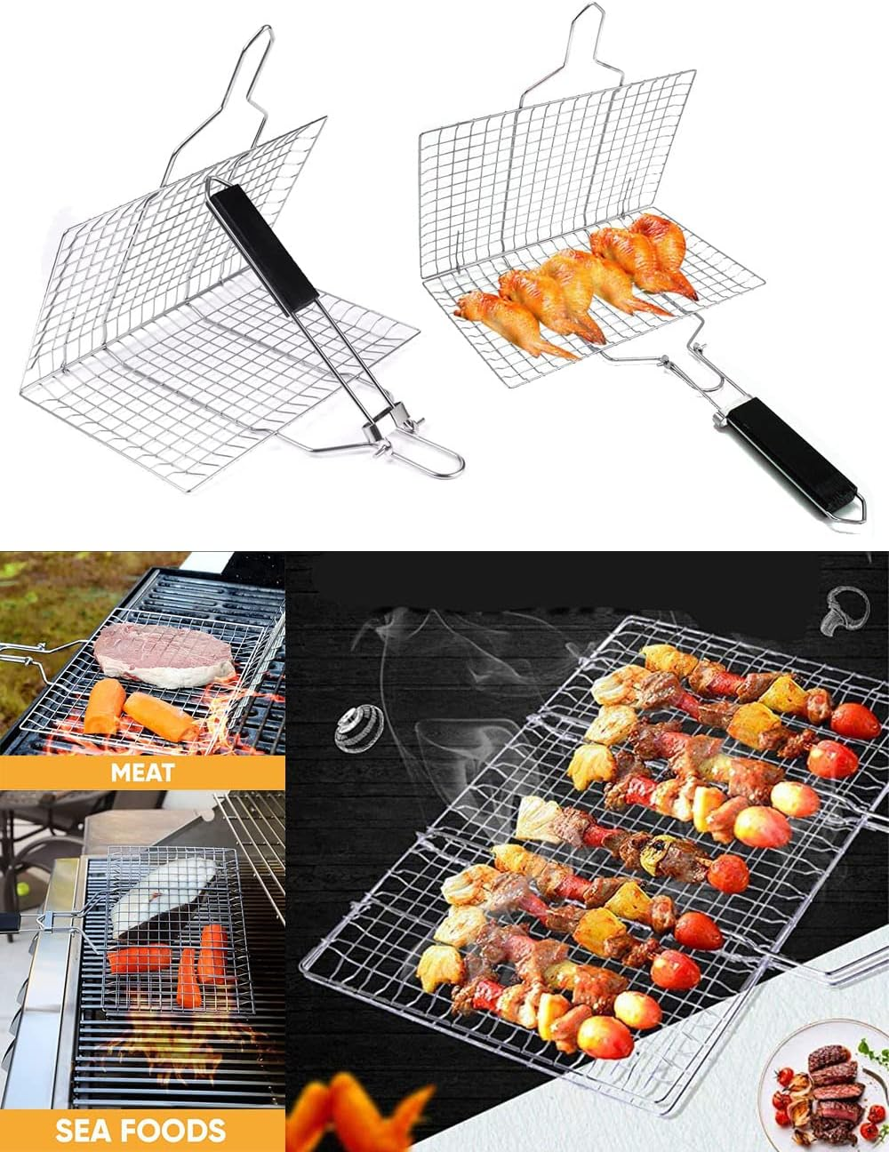 Barbecue Grill Basket with Handle, Stainless Steel Vegetable Grill Basket Value Set, Portable Fish Barbecue BBQ Grilling Basket, Foldable Non Stick Wire Mesh Net Clip for Steak Outdoor Camping (32CM) image number 1
