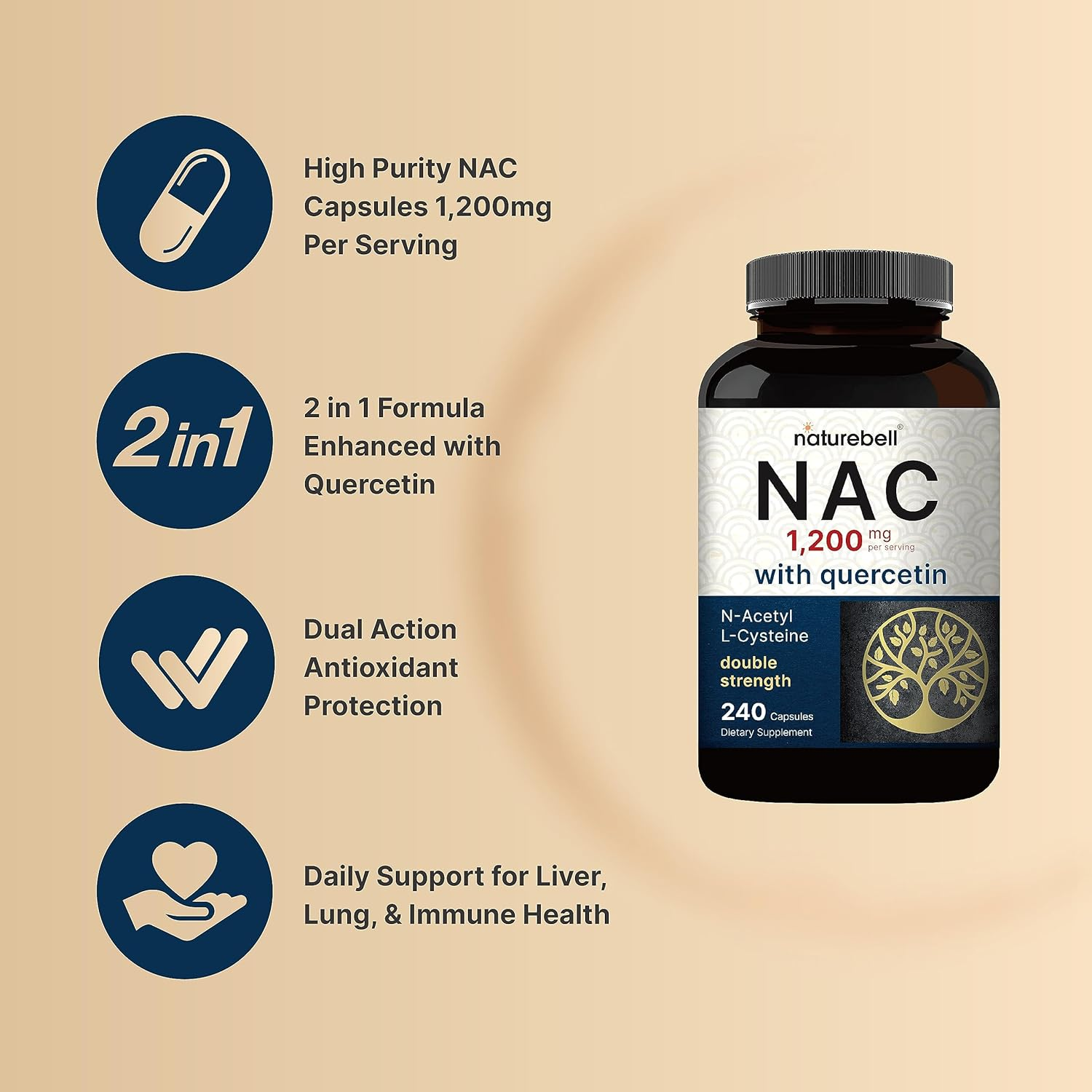 Naturebell NAC (N-Acetyl L-Cysteine), 1000Mg per Serving, 120 Capsules, No Gmos image number 1