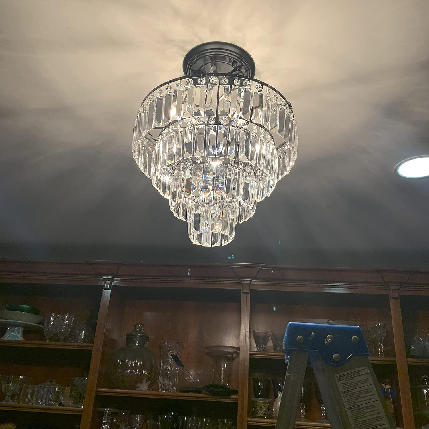 USOR Modern Crystal Ceiling Light D40Cm H50Cm Hanging Pendant Chandelier Staircase Lighting Flush Mount Ceiling Lighting Fixture for Dining Room Living Room Bedroom Entryway Stairwell Bulbs Included image number 3