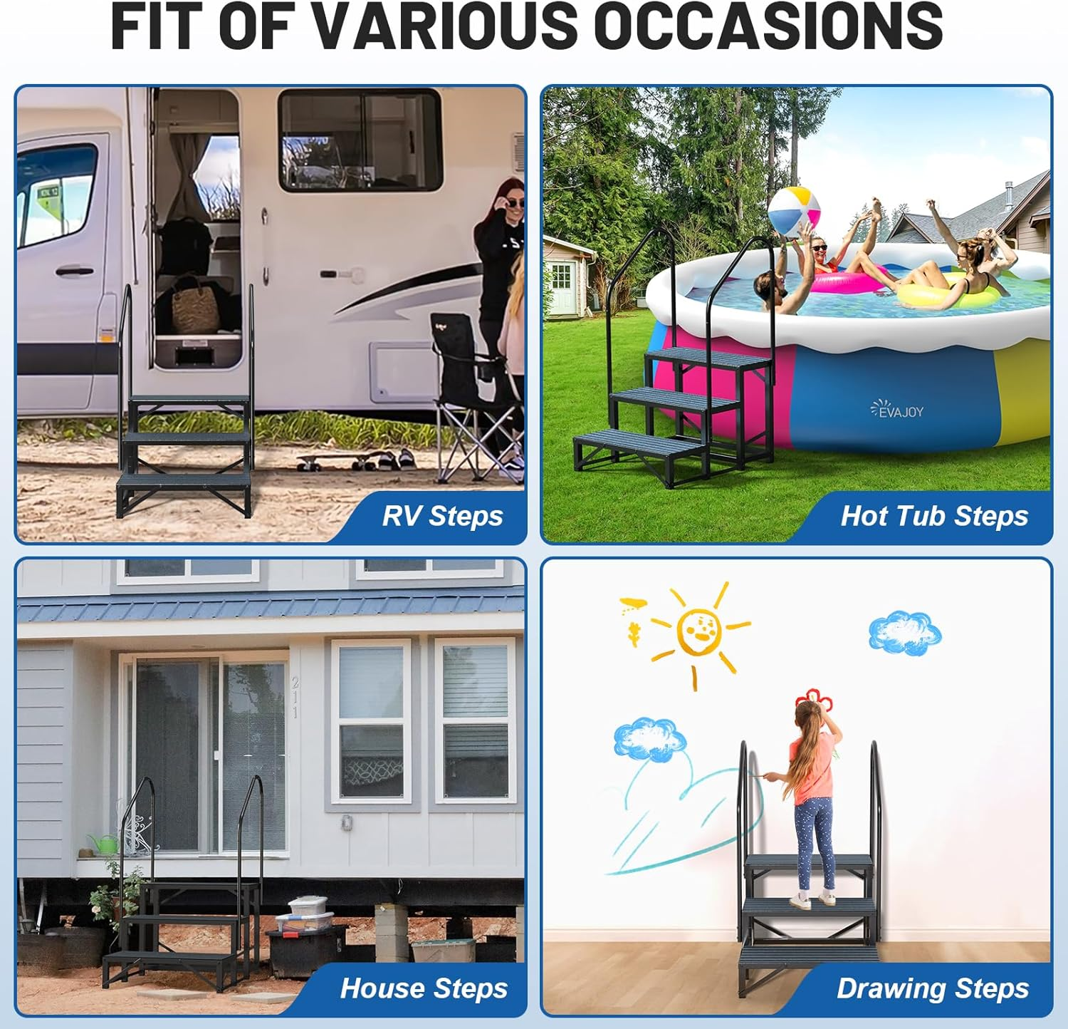 RV Steps Spa Steps with Handrail - 3 Step Hot Tub Steps Trailer Steps Mobile Home Stairs for 5Th Wheel RV, Trailer, Hot Tub, Pool, Porch with Non-Slip Mats image number 1