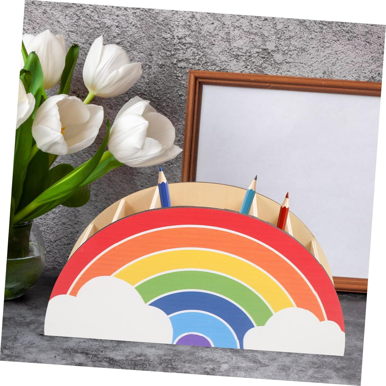 KICHOUSE Rainbow Wooden Pencil Holder for Kids Desk, School Supply Organizer and Cosmetic Cup Holder, Wood Cylinder Pen Storage Box for Classroom and Home Office Accessories image number 1