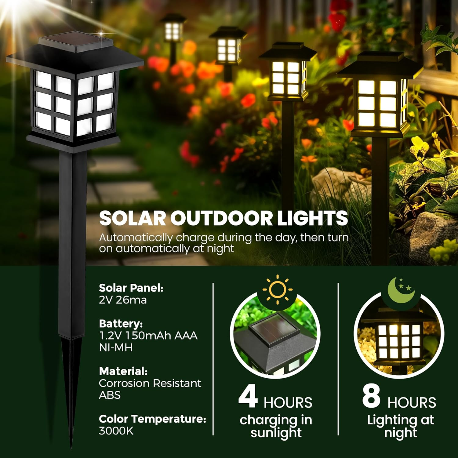 Solar Outdoor Lights，8 Pack LED Solar Lights Outdoor Waterproof, Solar Walkway Lights Maintain 10 Hours of Lighting for Your Garden, Landscape, Path, Yard, Patio, Driveway image number 1