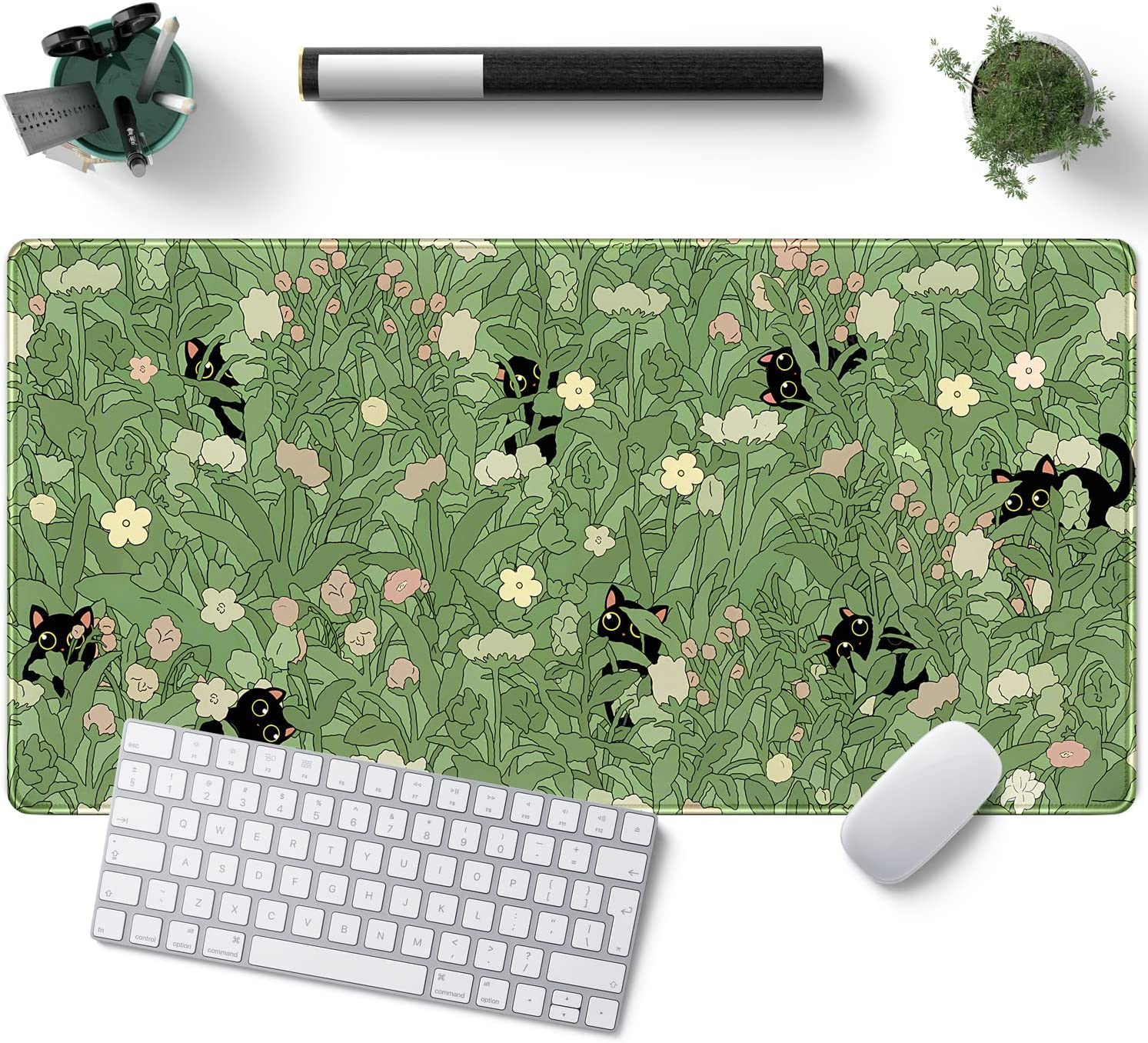 Green Mouse Pad XL Cat Cute Plant Cool Keyboard for Desk, Mat Kawaii Black Flower Desk Decor with Stitched Edges Non-Slip Large Computer 31.5X15.7In, B-Cat in the Meadow image number 3