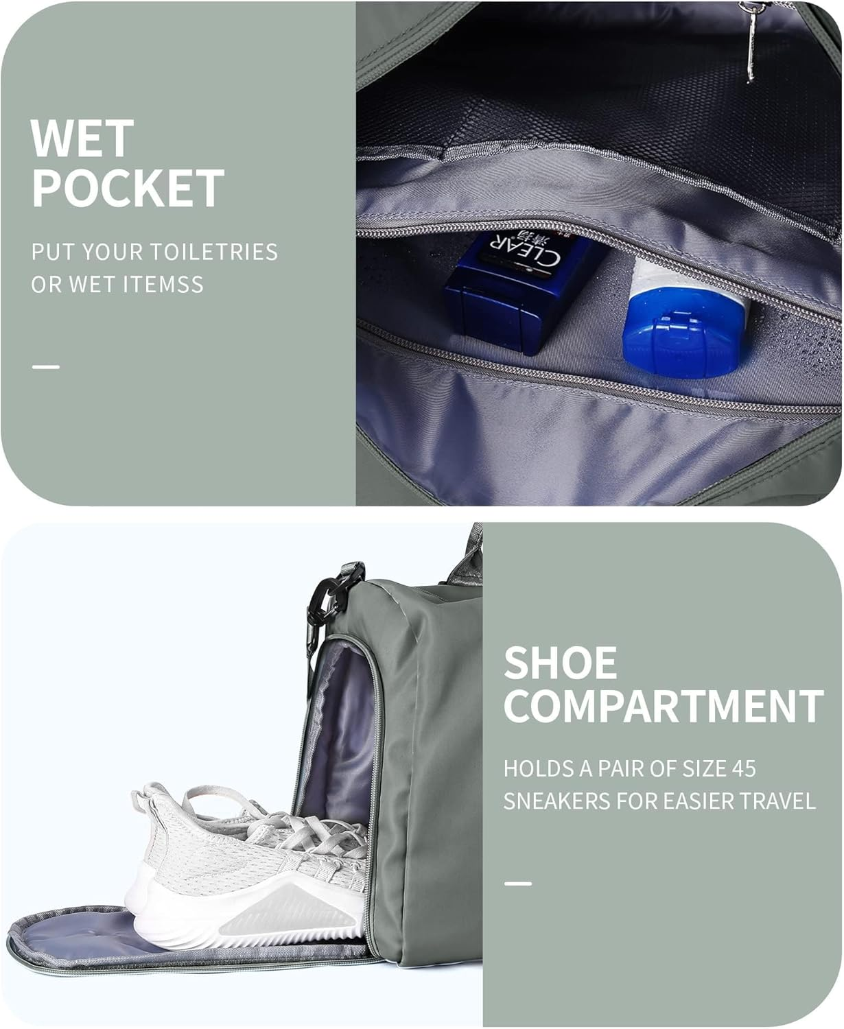 Gym Bag, with Shoes Compartment and Wet Pocket Travel, Waterproof, Duffel Bag, Gym Tote Bag, for Swimming, Yoga, Weekend Overnight Bag, Carry on Bag, Hospital Holdalls, for Womens Mens (Green)